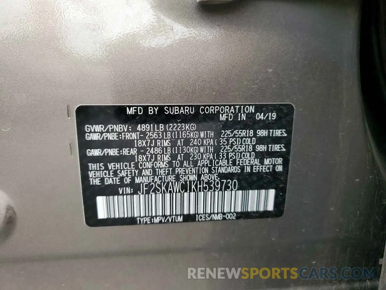 13 Photograph of a damaged car JF2SKAWC1KH539730 SUBARU FORESTER 2019
