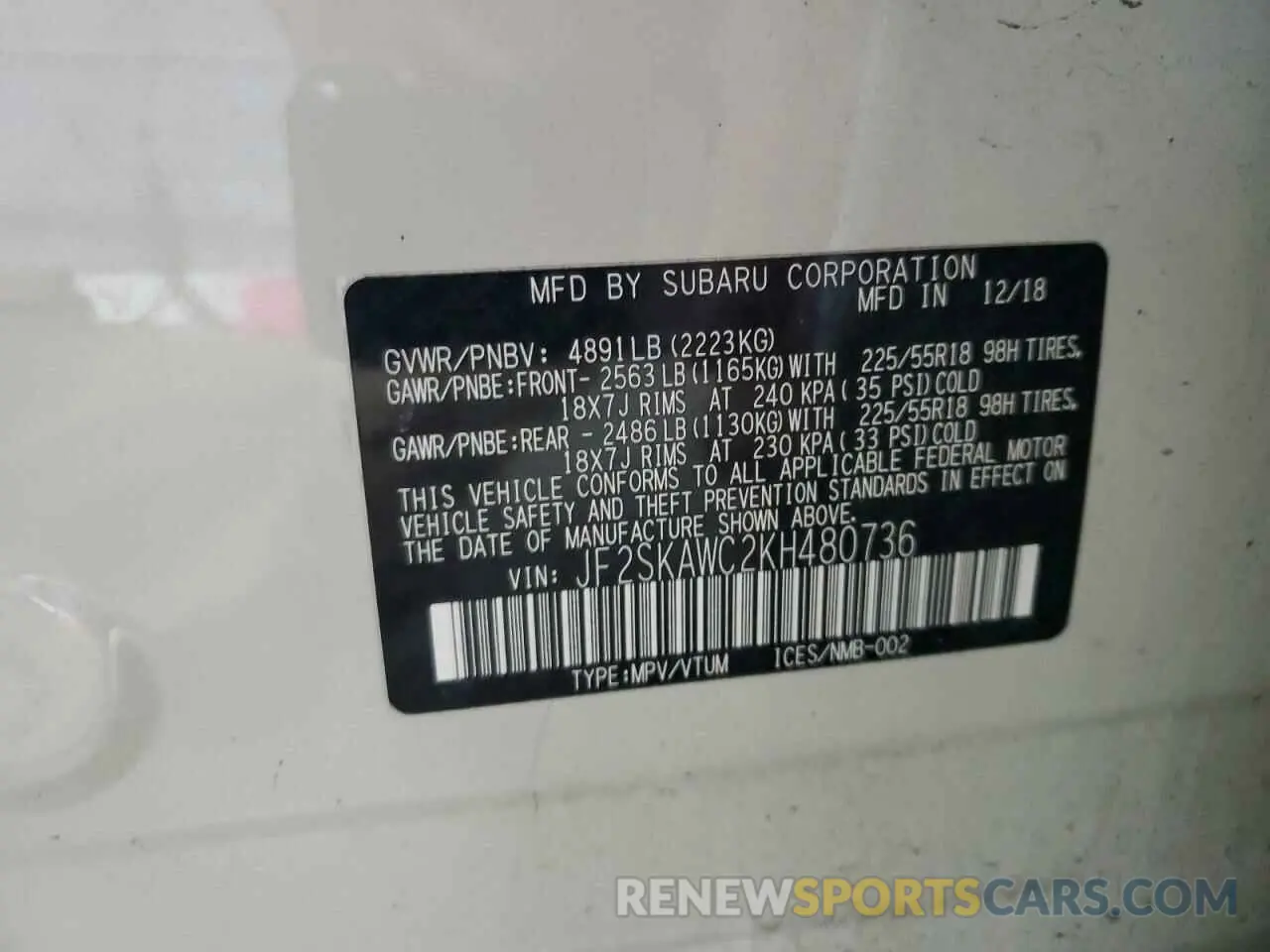 12 Photograph of a damaged car JF2SKAWC2KH480736 SUBARU FORESTER 2019