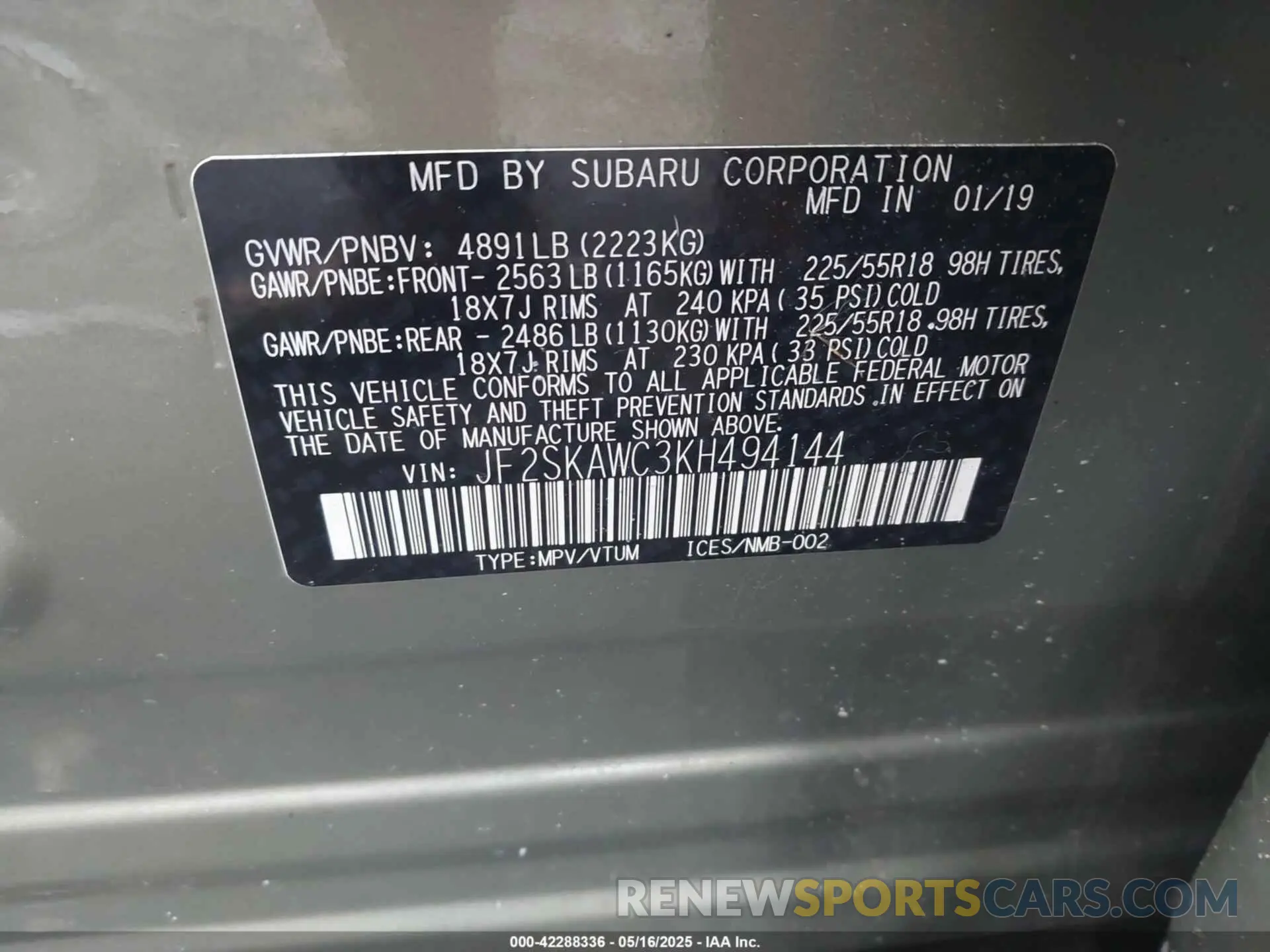 9 Photograph of a damaged car JF2SKAWC3KH494144 SUBARU FORESTER 2019
