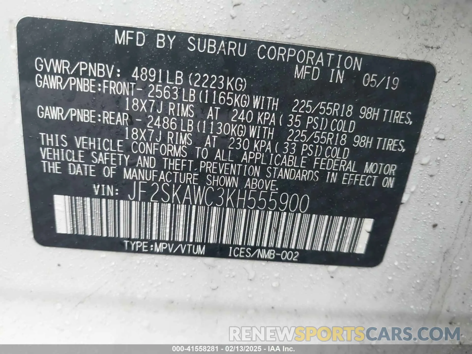 9 Photograph of a damaged car JF2SKAWC3KH555900 SUBARU FORESTER 2019