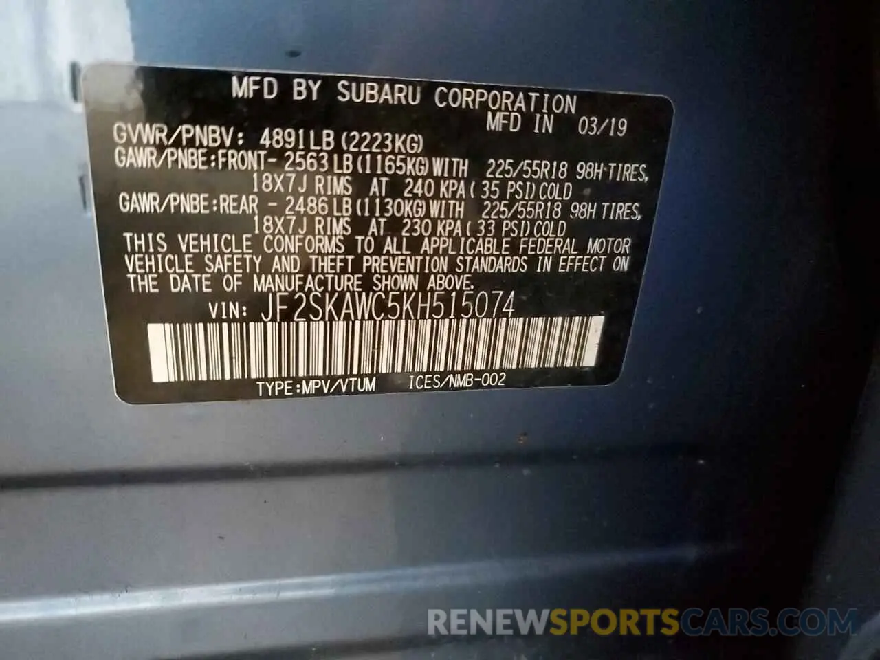12 Photograph of a damaged car JF2SKAWC5KH515074 SUBARU FORESTER 2019
