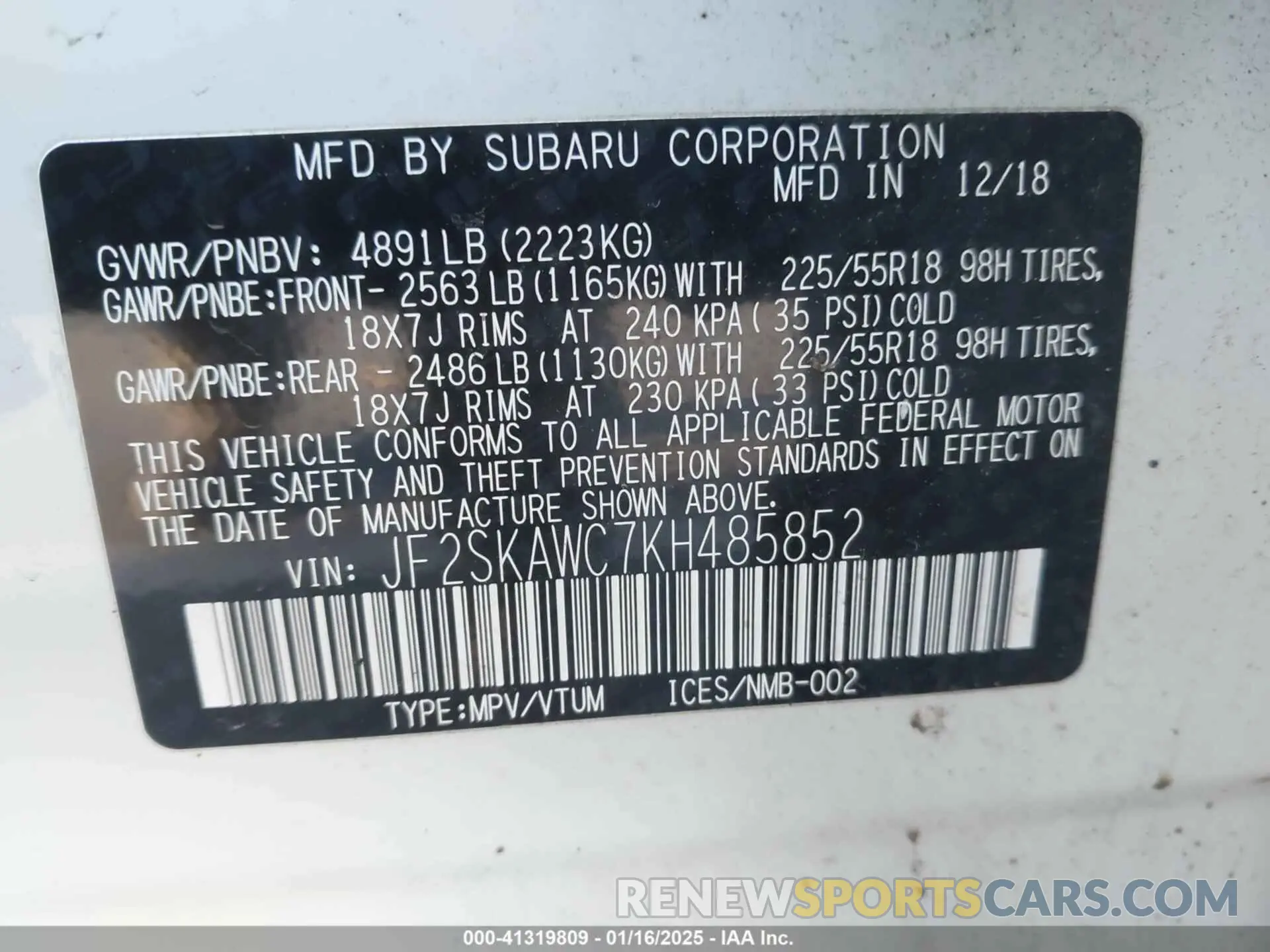 9 Photograph of a damaged car JF2SKAWC7KH485852 SUBARU FORESTER 2019