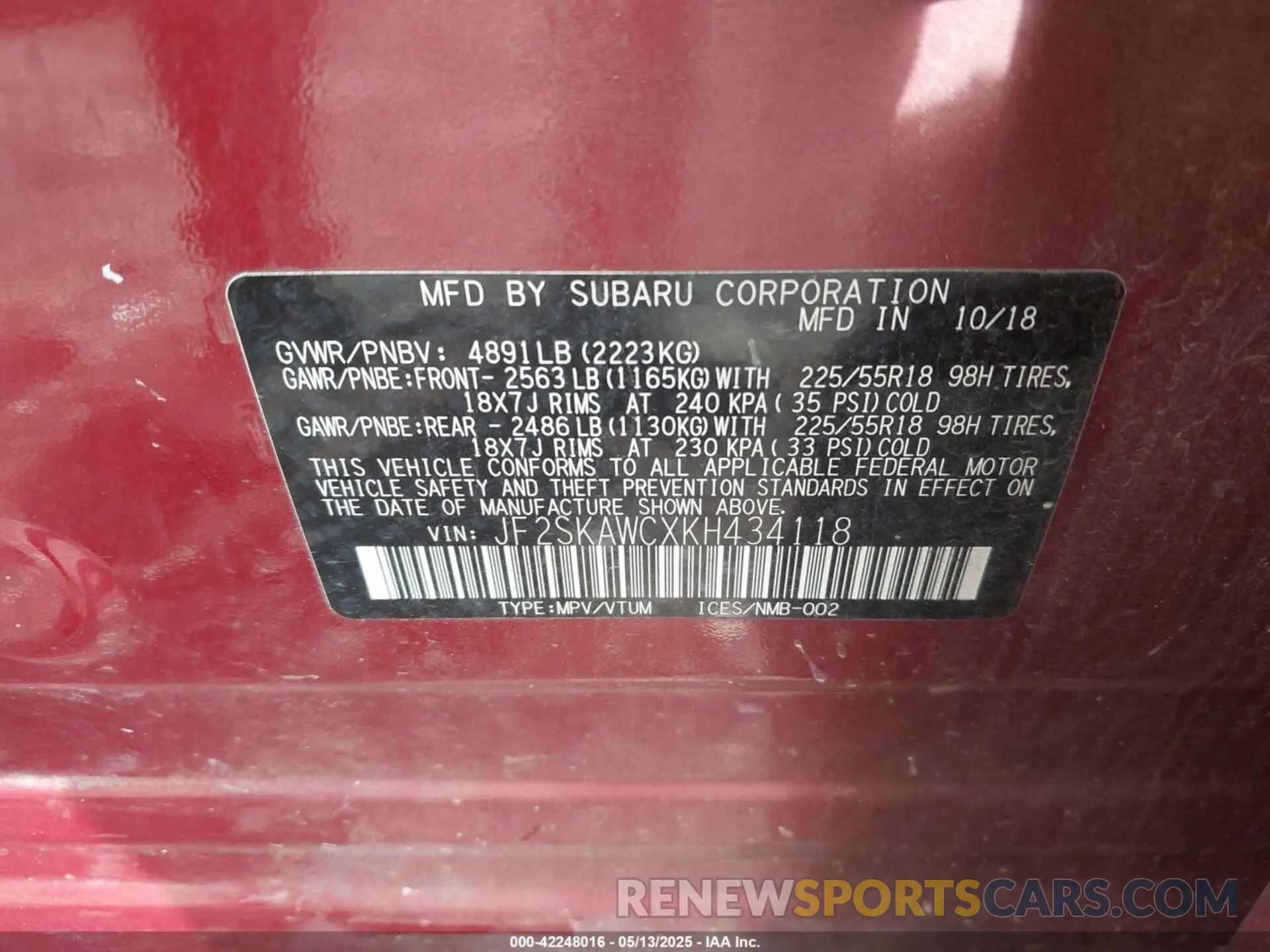 9 Photograph of a damaged car JF2SKAWCXKH434118 SUBARU FORESTER 2019