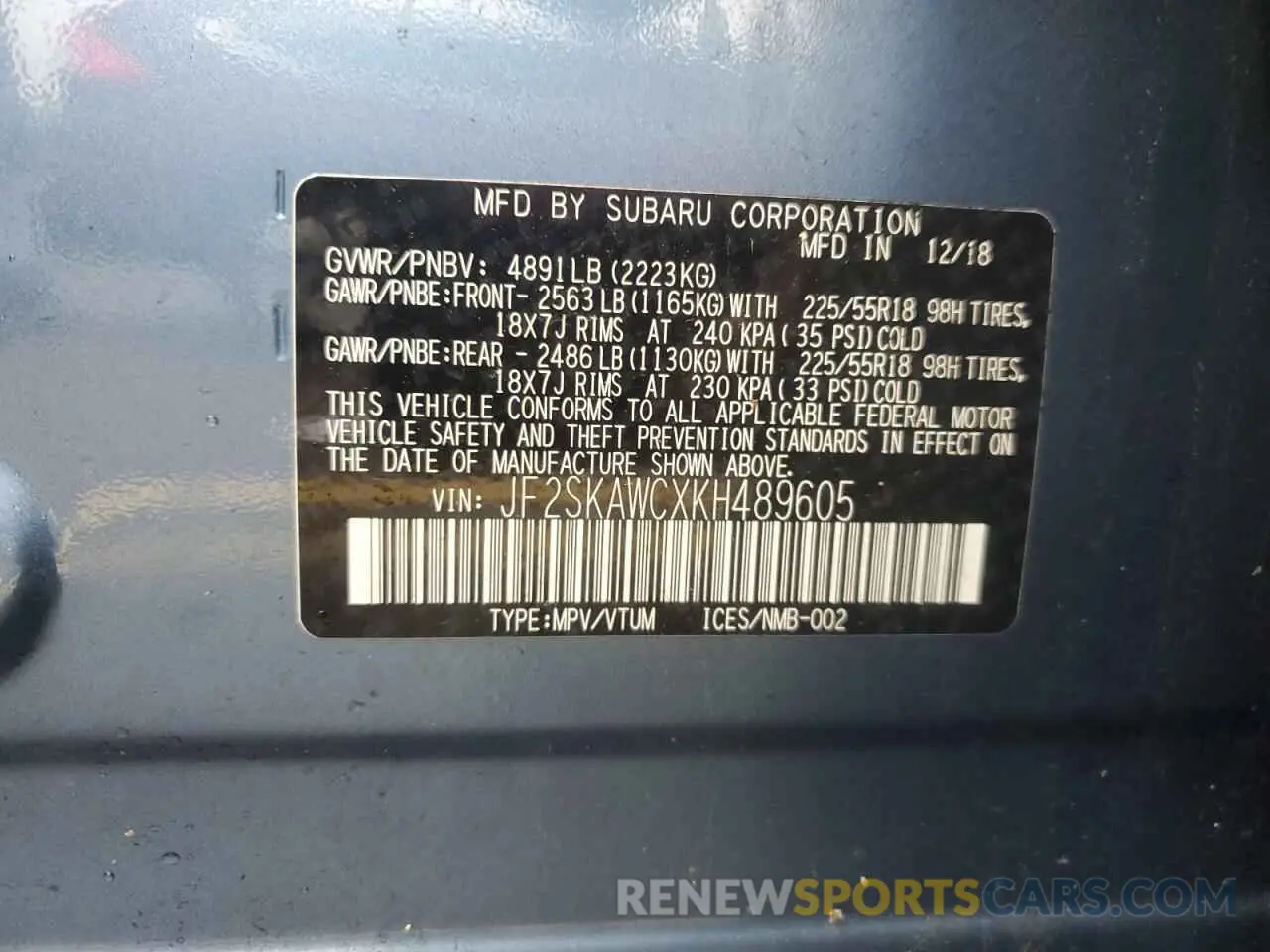 12 Photograph of a damaged car JF2SKAWCXKH489605 SUBARU FORESTER 2019