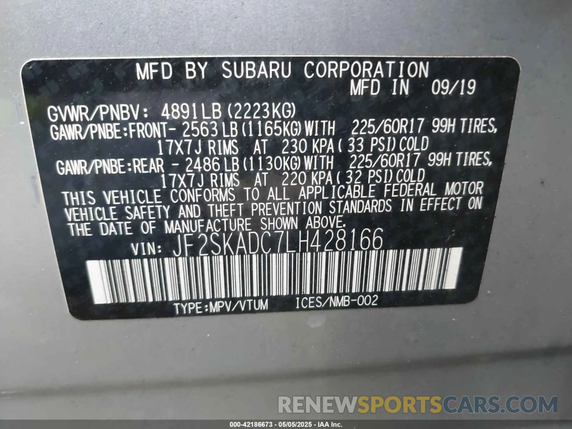 9 Photograph of a damaged car JF2SKADC7LH428166 SUBARU FORESTER 2020