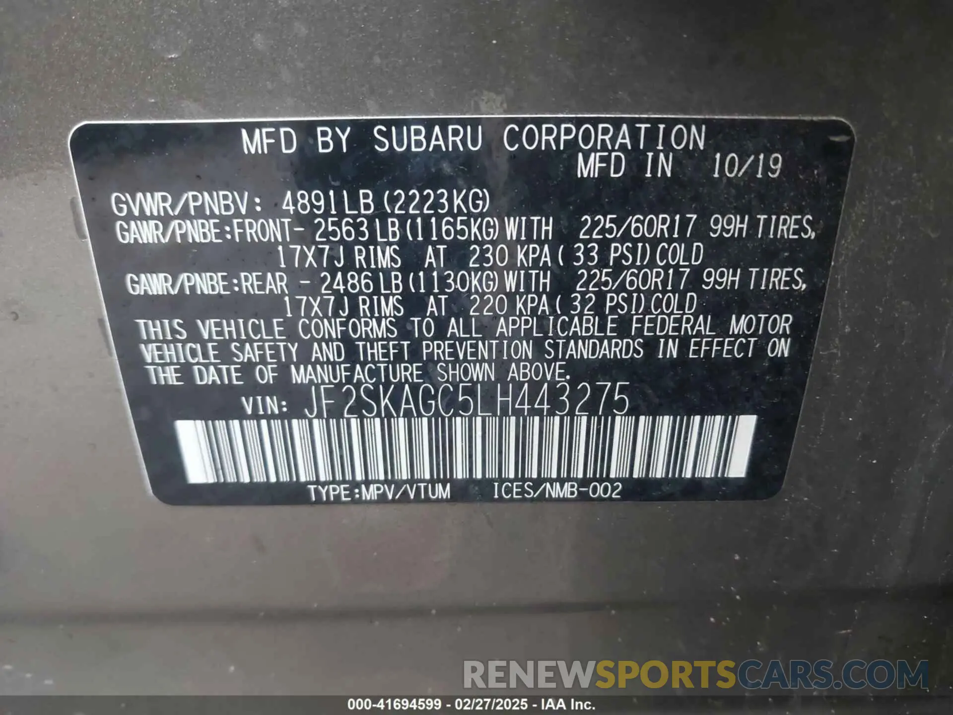 9 Photograph of a damaged car JF2SKAGC5LH443275 SUBARU FORESTER 2020