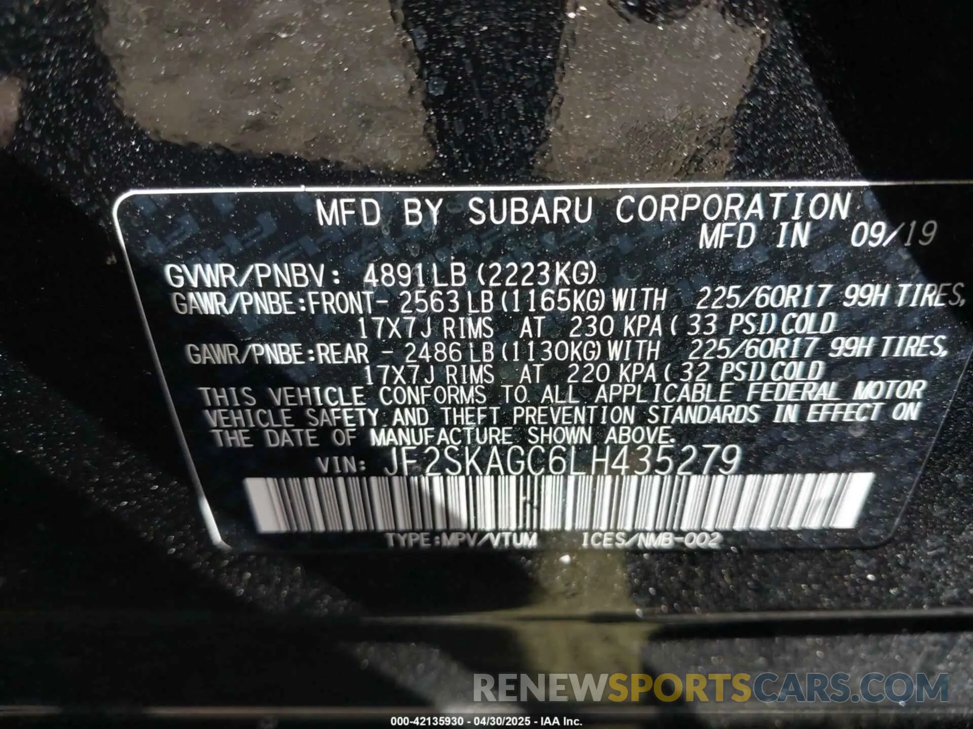 9 Photograph of a damaged car JF2SKAGC6LH435279 SUBARU FORESTER 2020