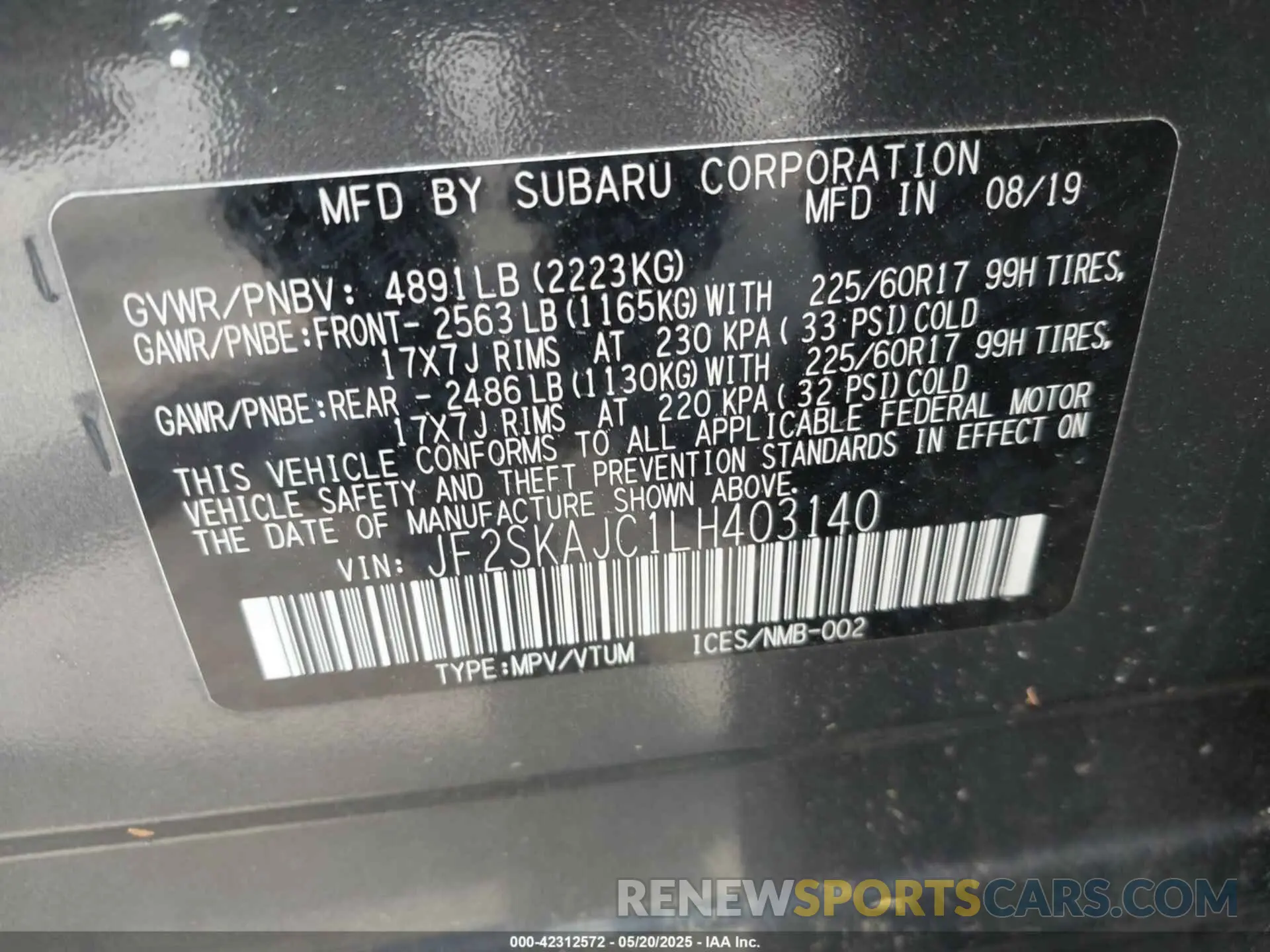 9 Photograph of a damaged car JF2SKAJC1LH403140 SUBARU FORESTER 2020