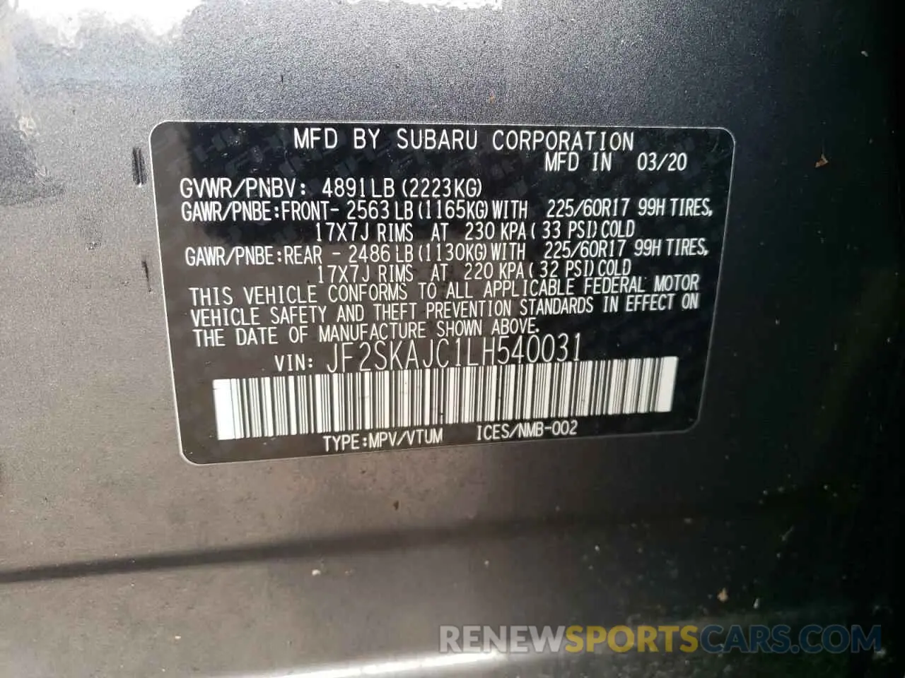 13 Photograph of a damaged car JF2SKAJC1LH540031 SUBARU FORESTER 2020