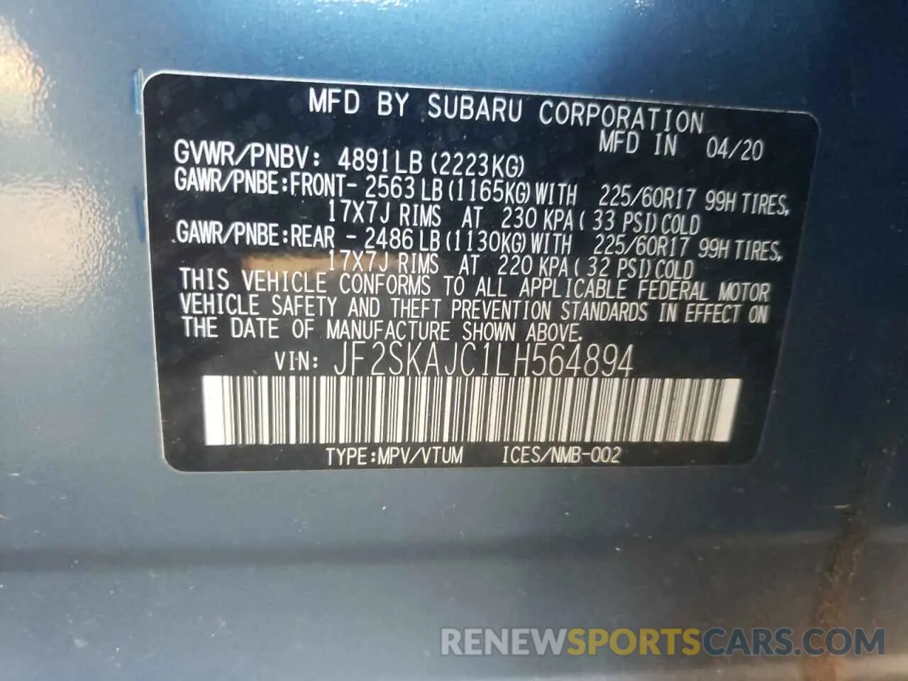12 Photograph of a damaged car JF2SKAJC1LH564894 SUBARU FORESTER 2020