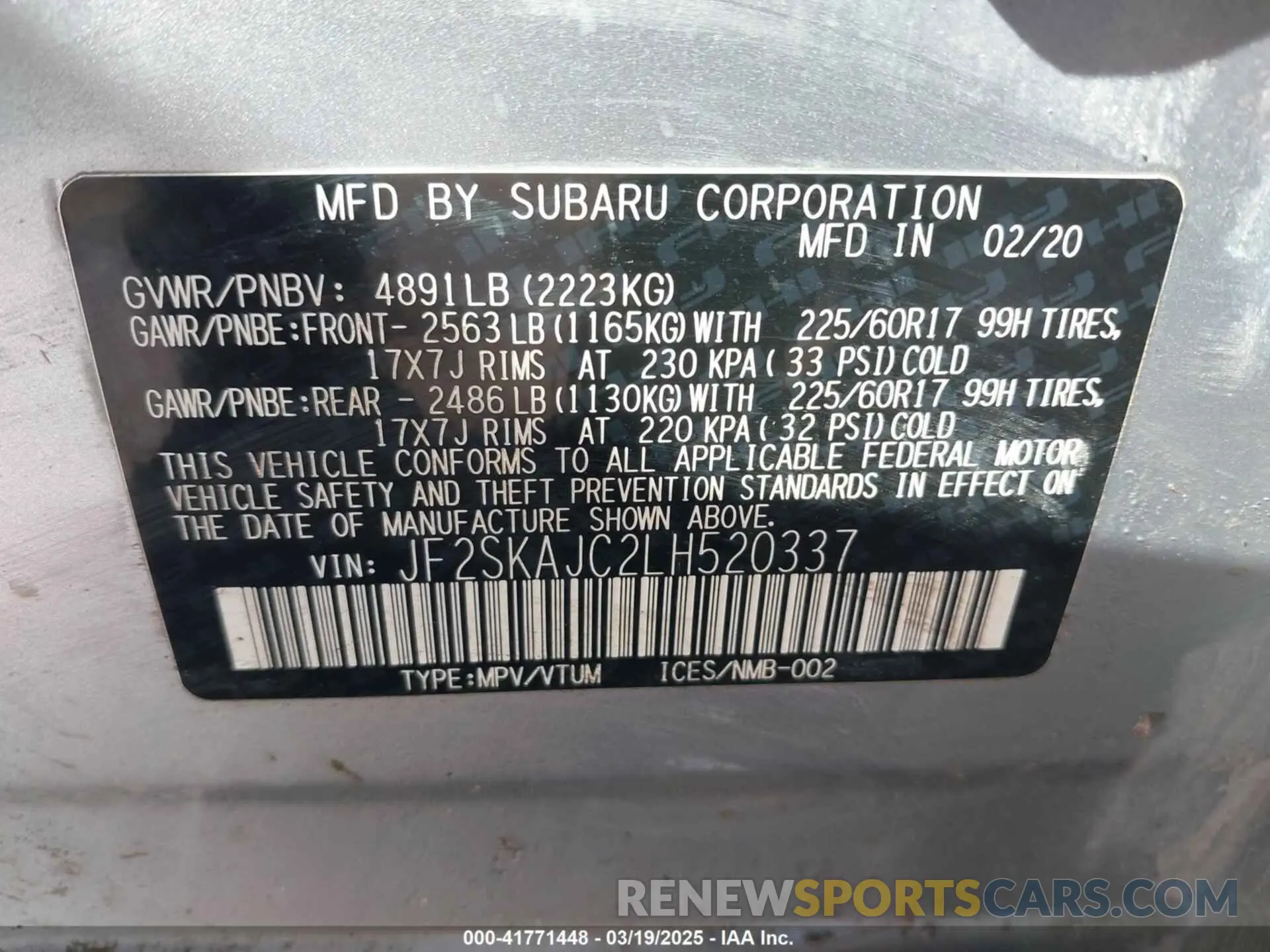 9 Photograph of a damaged car JF2SKAJC2LH520337 SUBARU FORESTER 2020