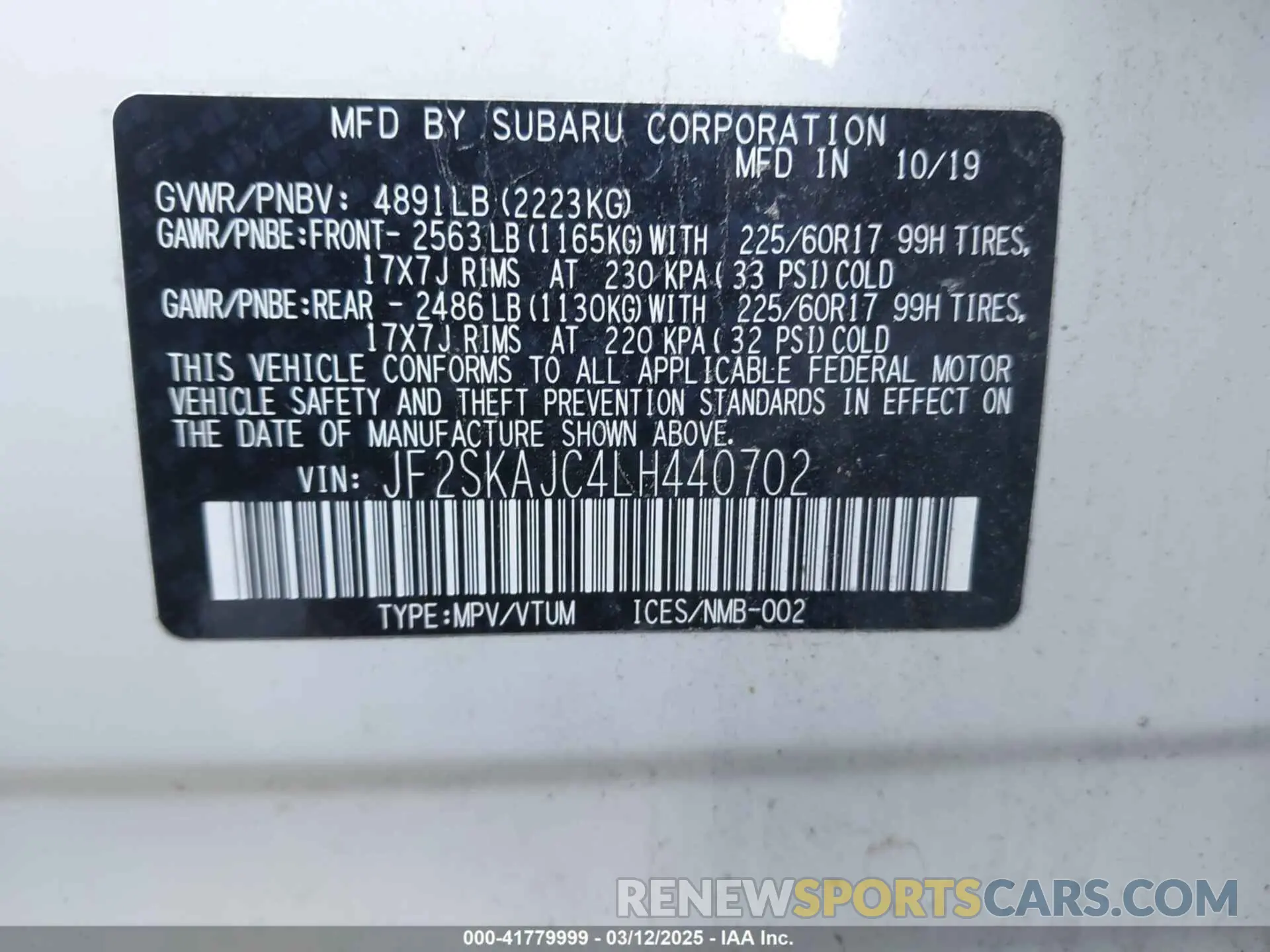 9 Photograph of a damaged car JF2SKAJC4LH440702 SUBARU FORESTER 2020