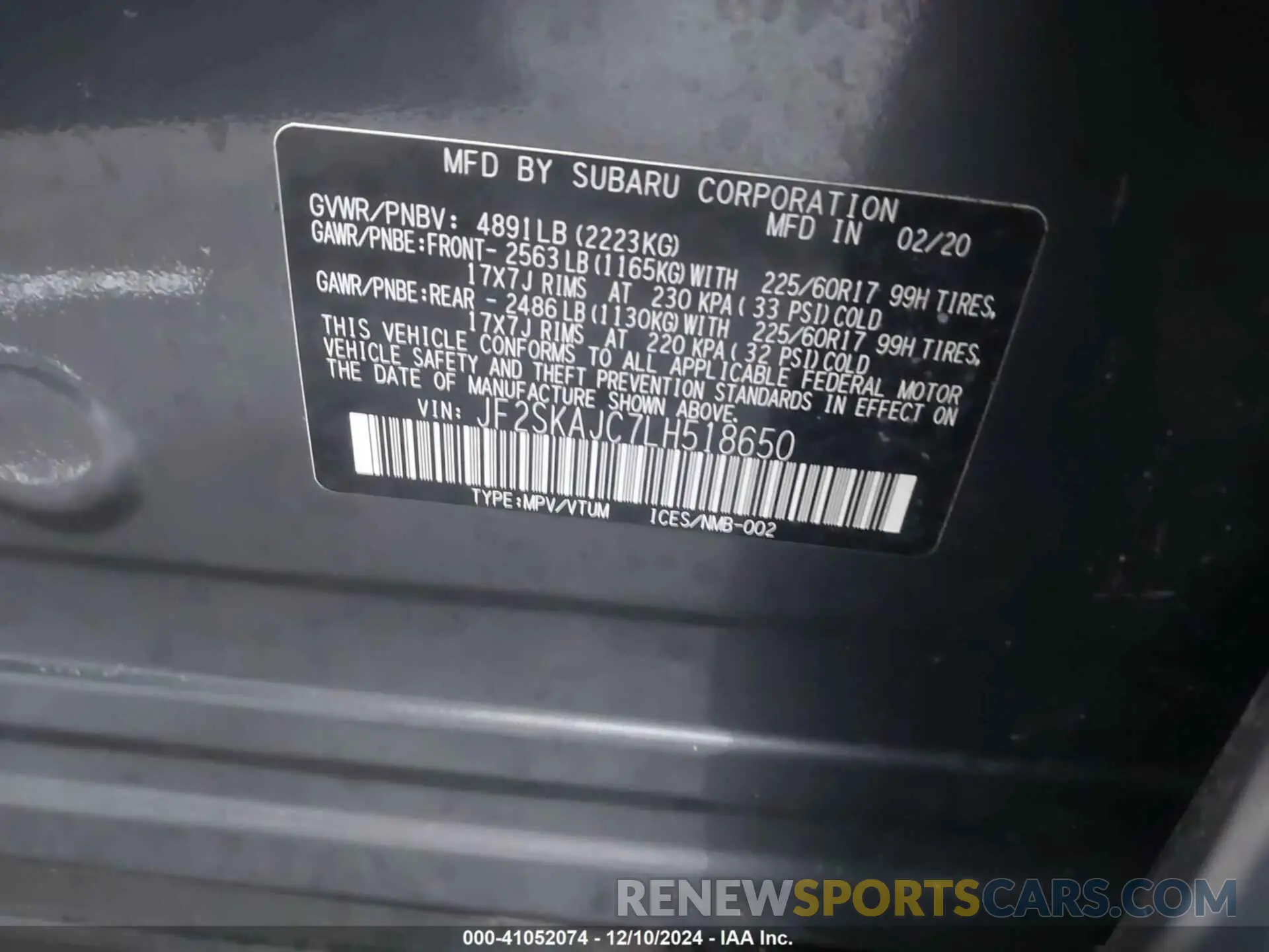 9 Photograph of a damaged car JF2SKAJC7LH518650 SUBARU FORESTER 2020