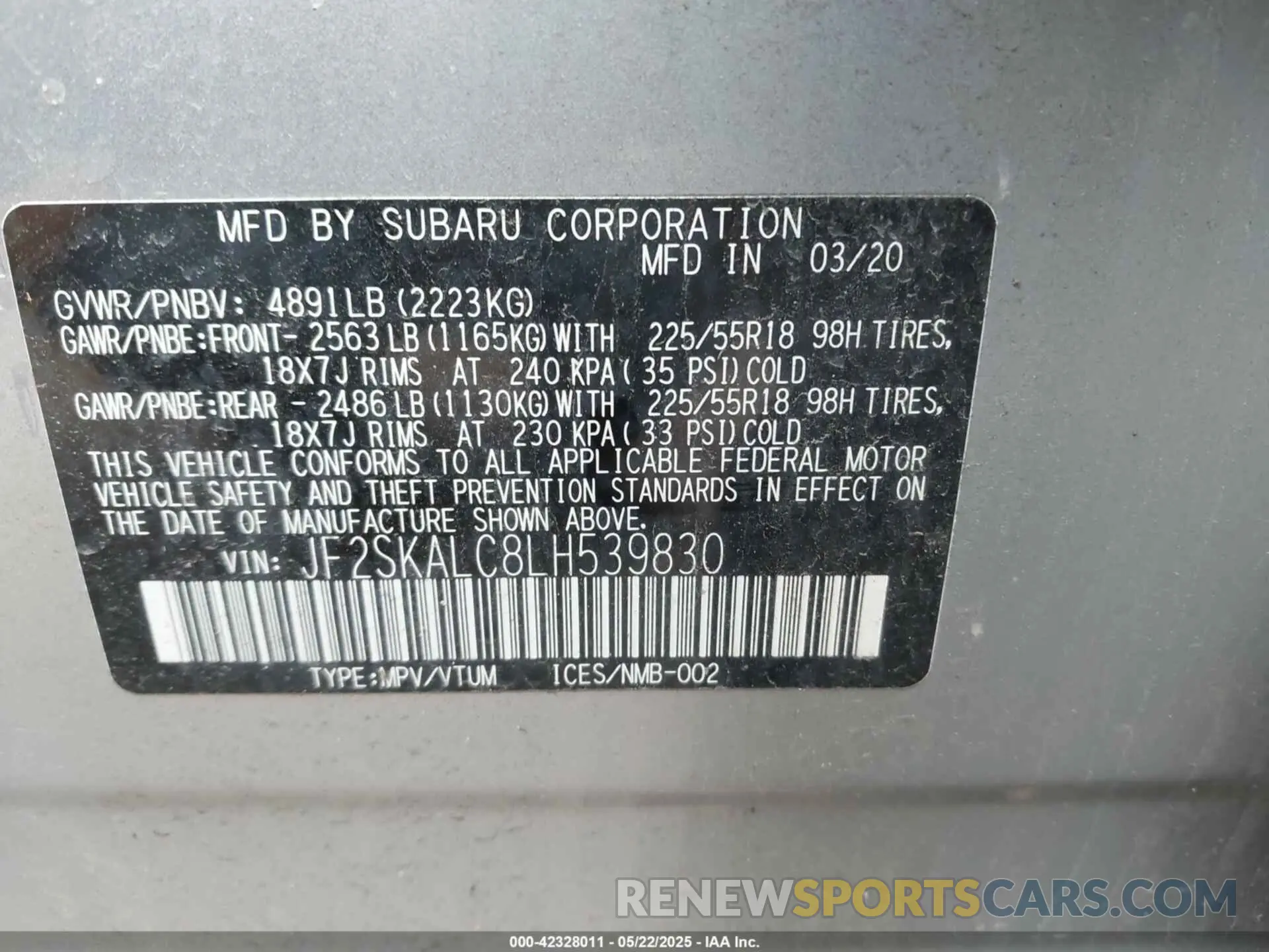 9 Photograph of a damaged car JF2SKALC8LH539830 SUBARU FORESTER 2020
