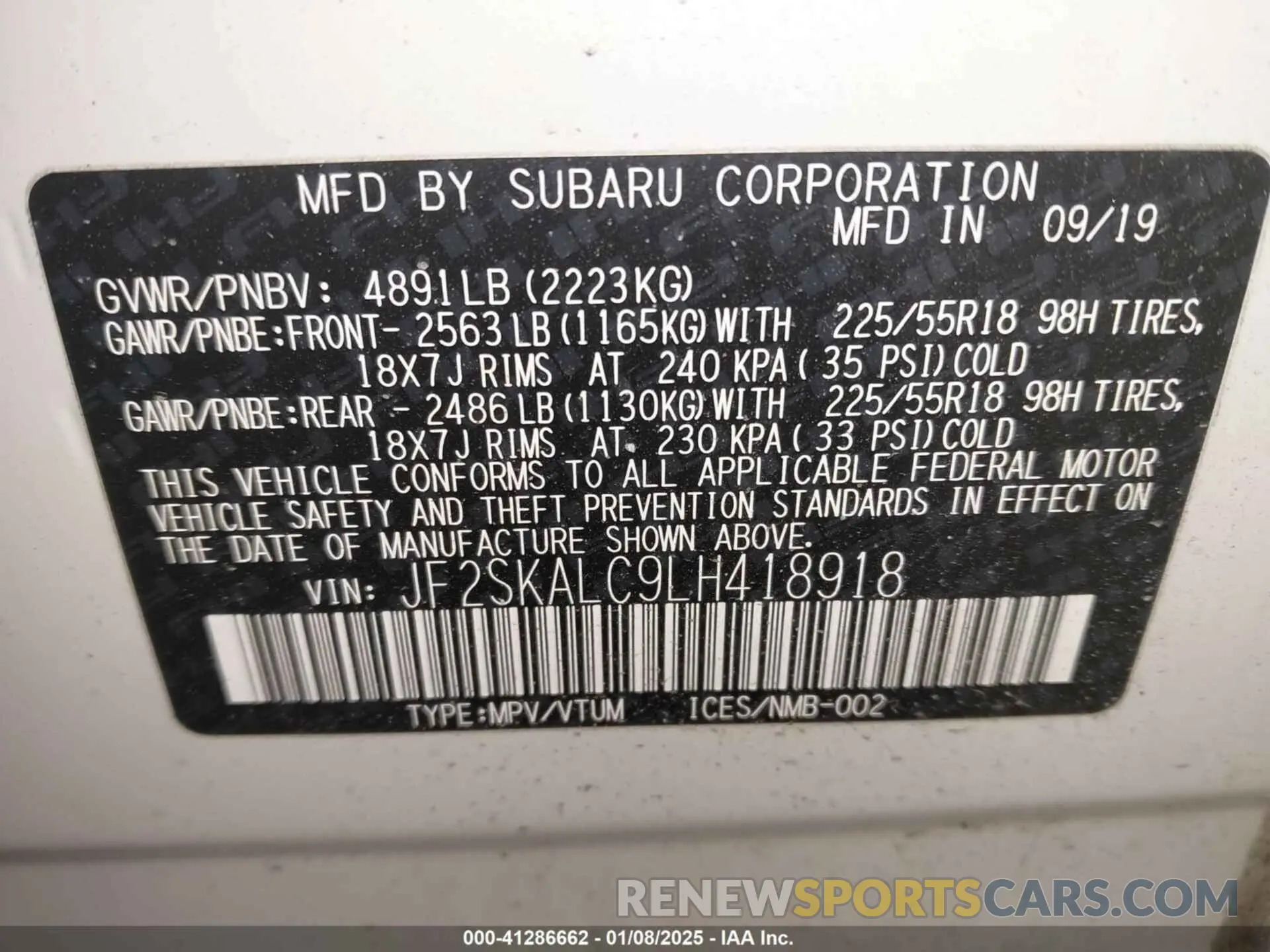9 Photograph of a damaged car JF2SKALC9LH418918 SUBARU FORESTER 2020