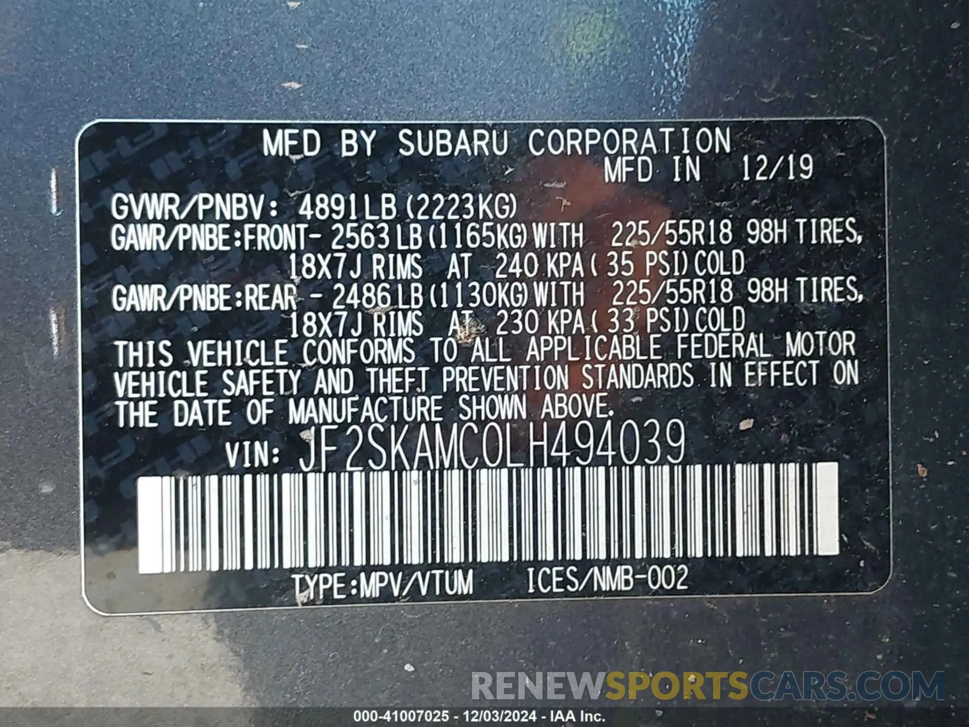 9 Photograph of a damaged car JF2SKAMC0LH494039 SUBARU FORESTER 2020