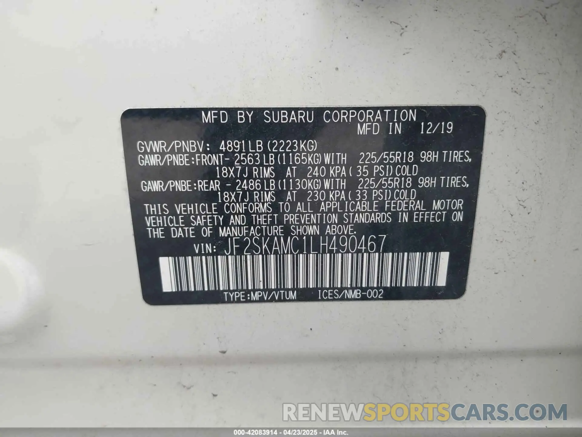 9 Photograph of a damaged car JF2SKAMC1LH490467 SUBARU FORESTER 2020