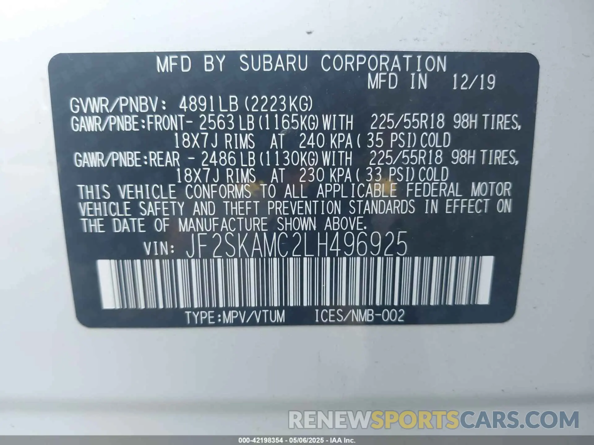 9 Photograph of a damaged car JF2SKAMC2LH496925 SUBARU FORESTER 2020