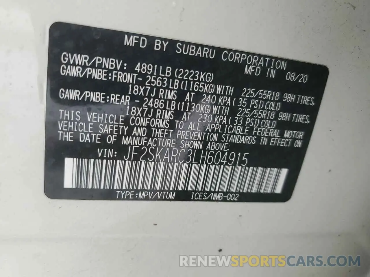 14 Photograph of a damaged car JF2SKARC3LH604915 SUBARU FORESTER 2020