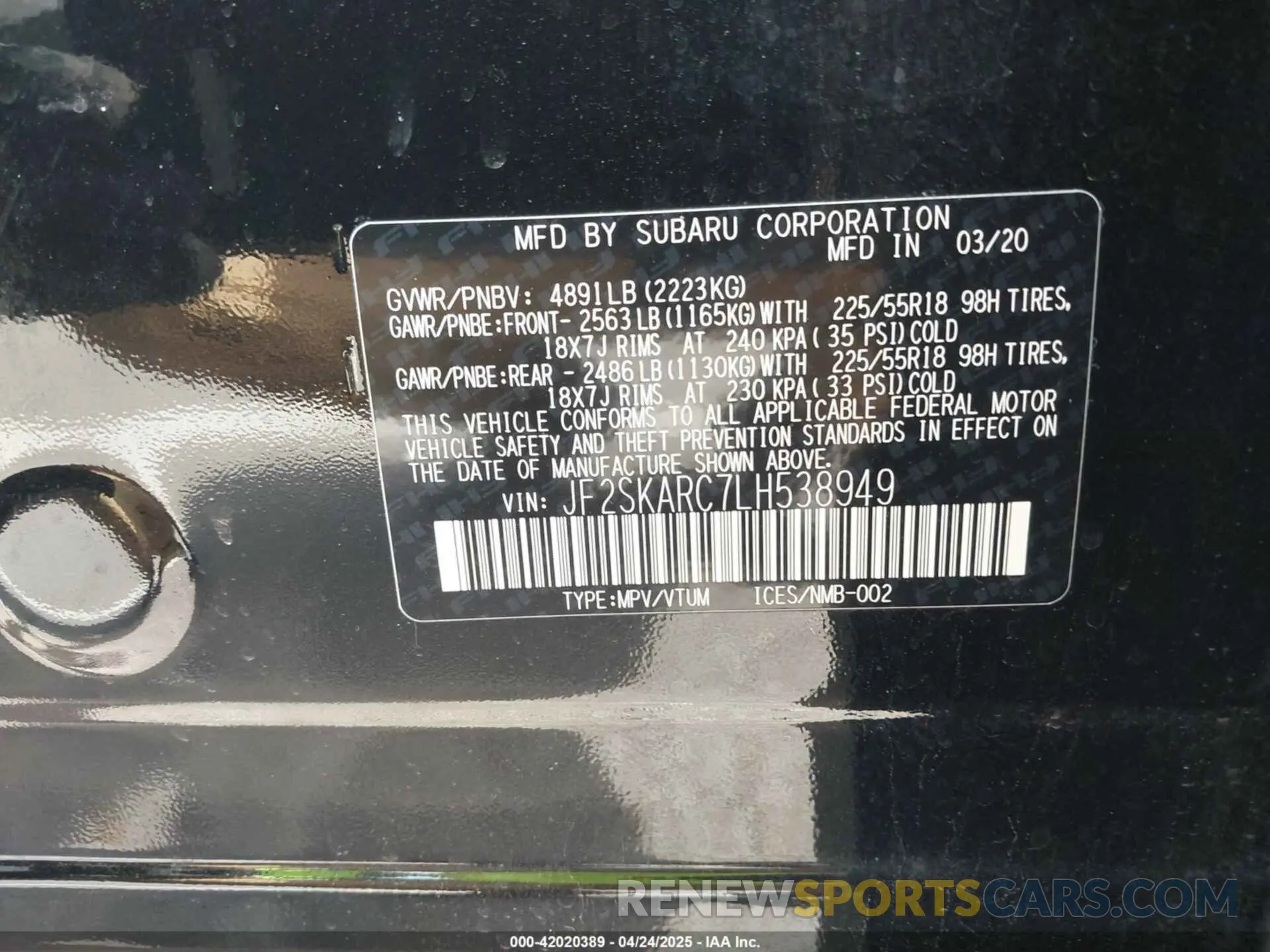 9 Photograph of a damaged car JF2SKARC7LH538949 SUBARU FORESTER 2020