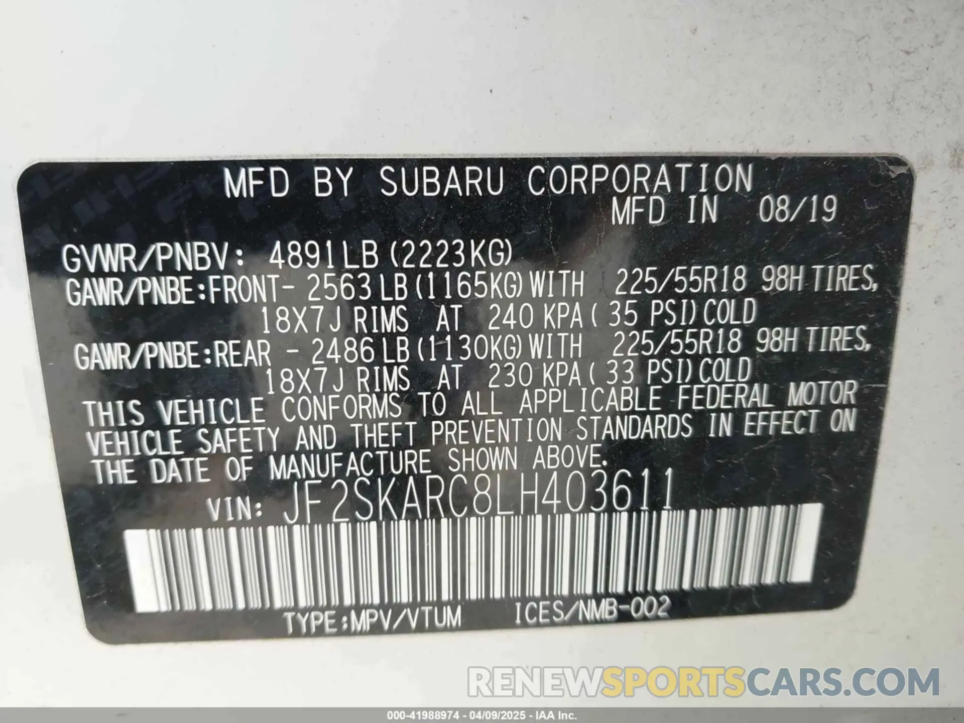 9 Photograph of a damaged car JF2SKARC8LH403611 SUBARU FORESTER 2020