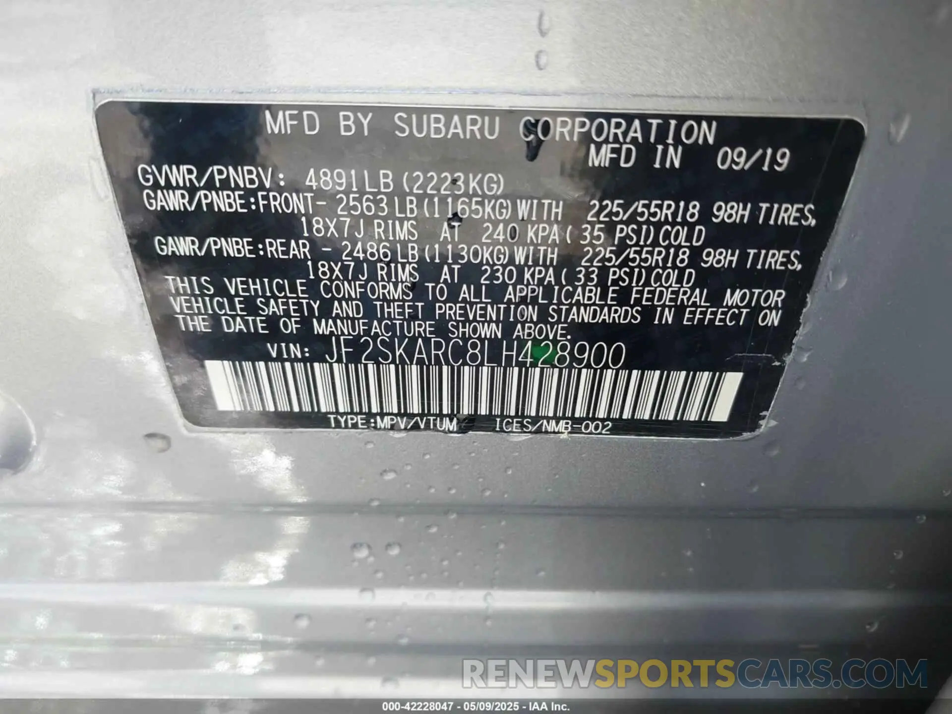 9 Photograph of a damaged car JF2SKARC8LH428900 SUBARU FORESTER 2020