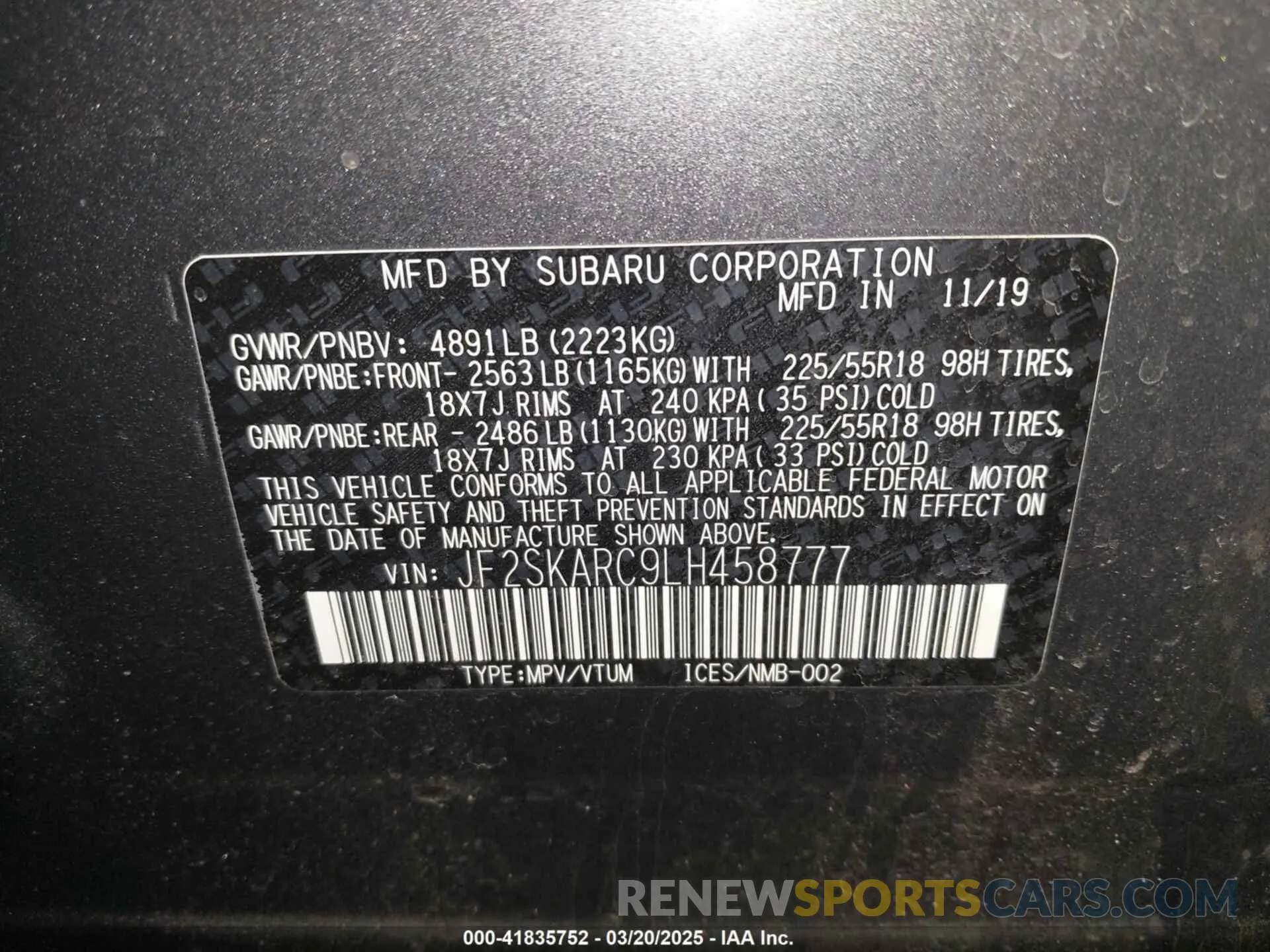 9 Photograph of a damaged car JF2SKARC9LH458777 SUBARU FORESTER 2020