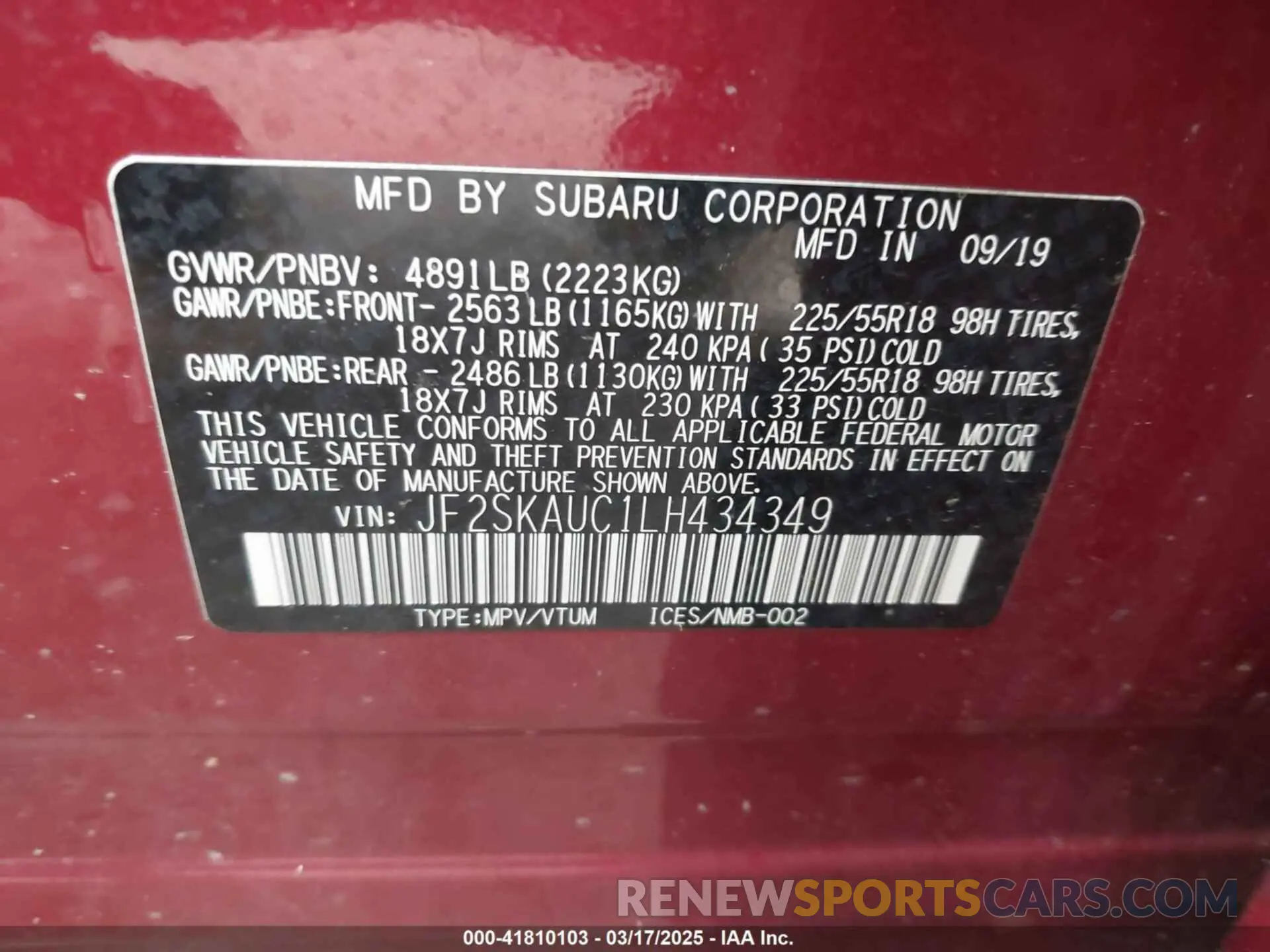 9 Photograph of a damaged car JF2SKAUC1LH434349 SUBARU FORESTER 2020
