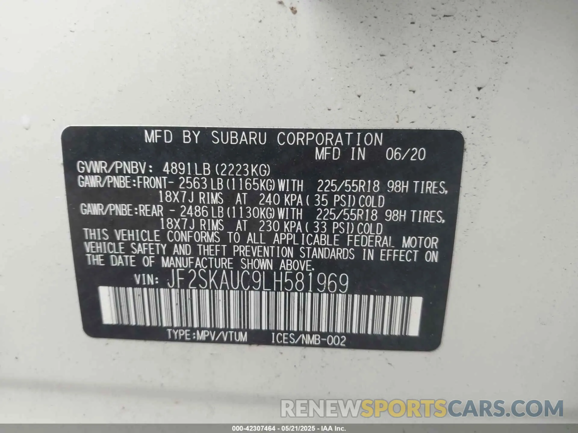 9 Photograph of a damaged car JF2SKAUC9LH581969 SUBARU FORESTER 2020