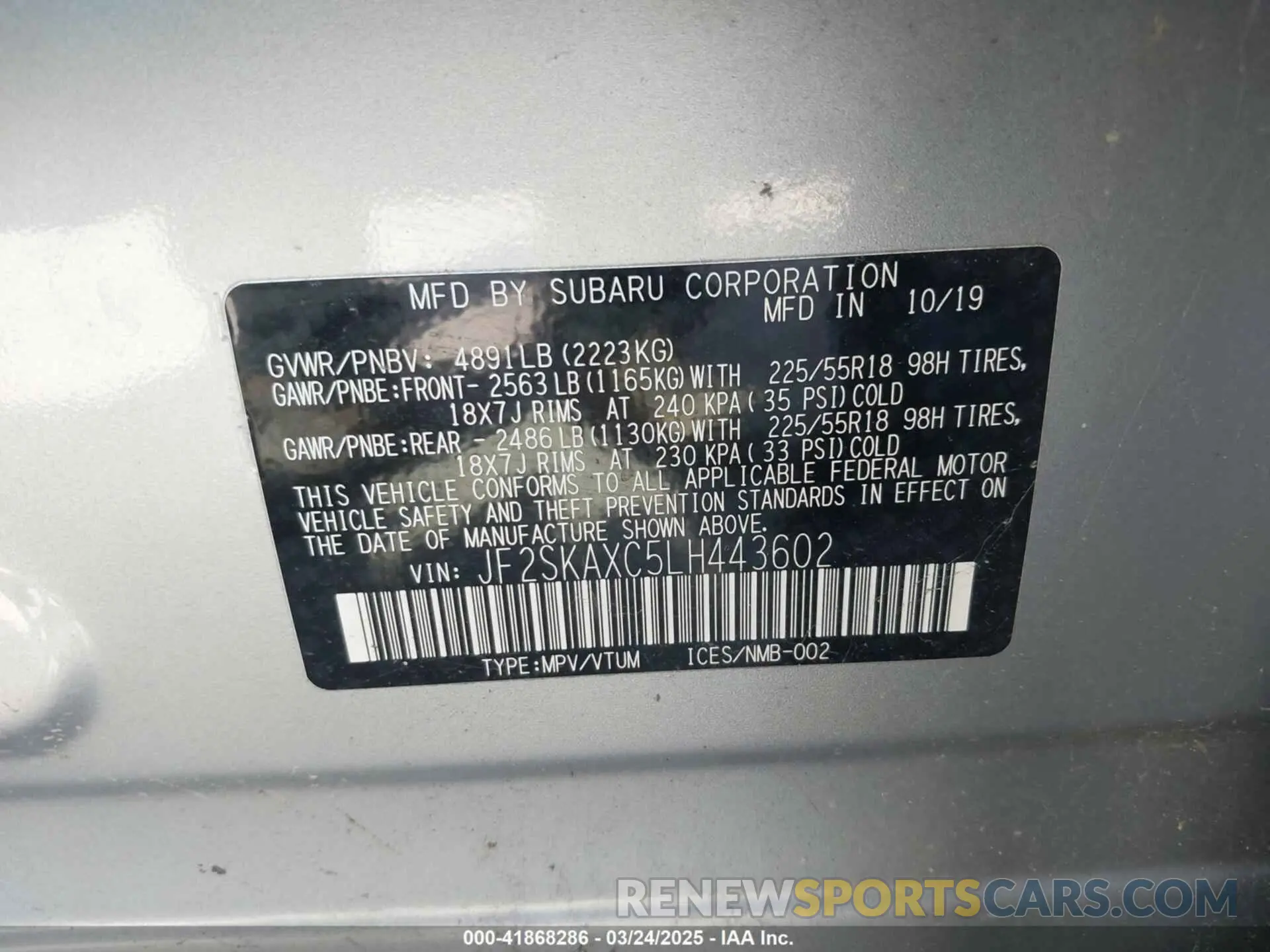 9 Photograph of a damaged car JF2SKAXC5LH443602 SUBARU FORESTER 2020