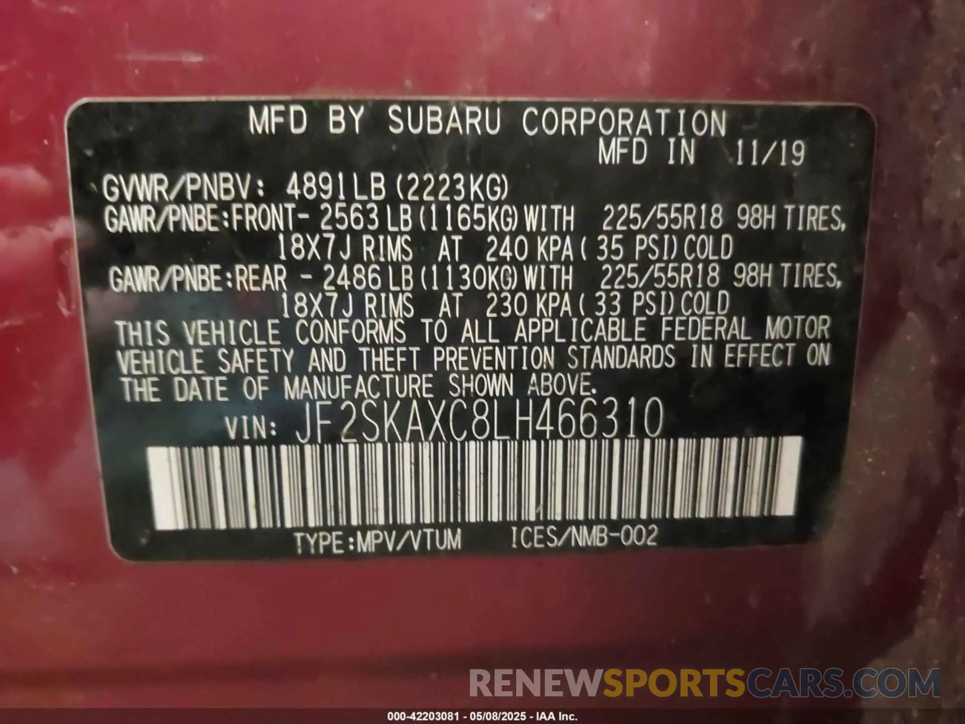 9 Photograph of a damaged car JF2SKAXC8LH466310 SUBARU FORESTER 2020