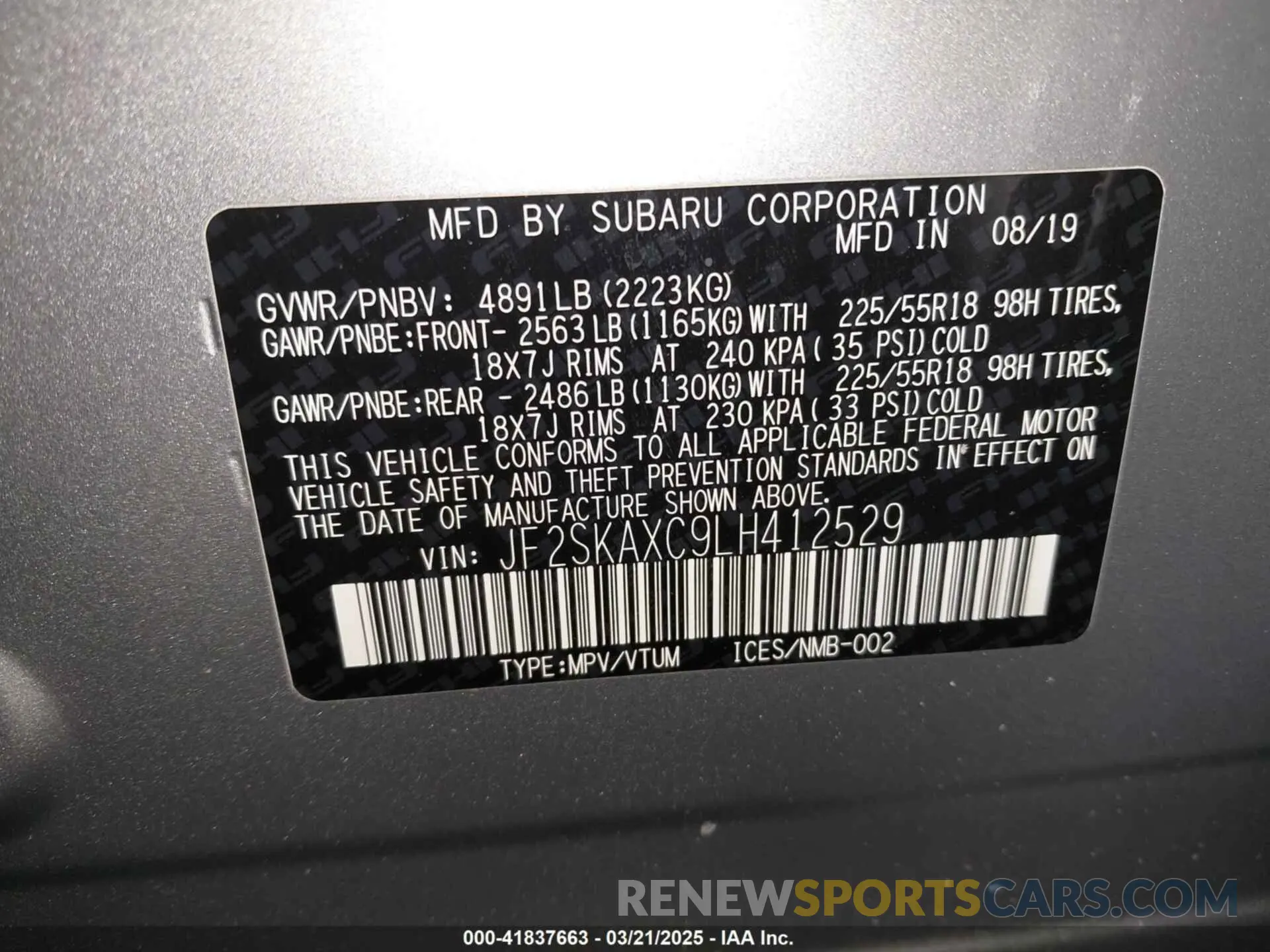9 Photograph of a damaged car JF2SKAXC9LH412529 SUBARU FORESTER 2020