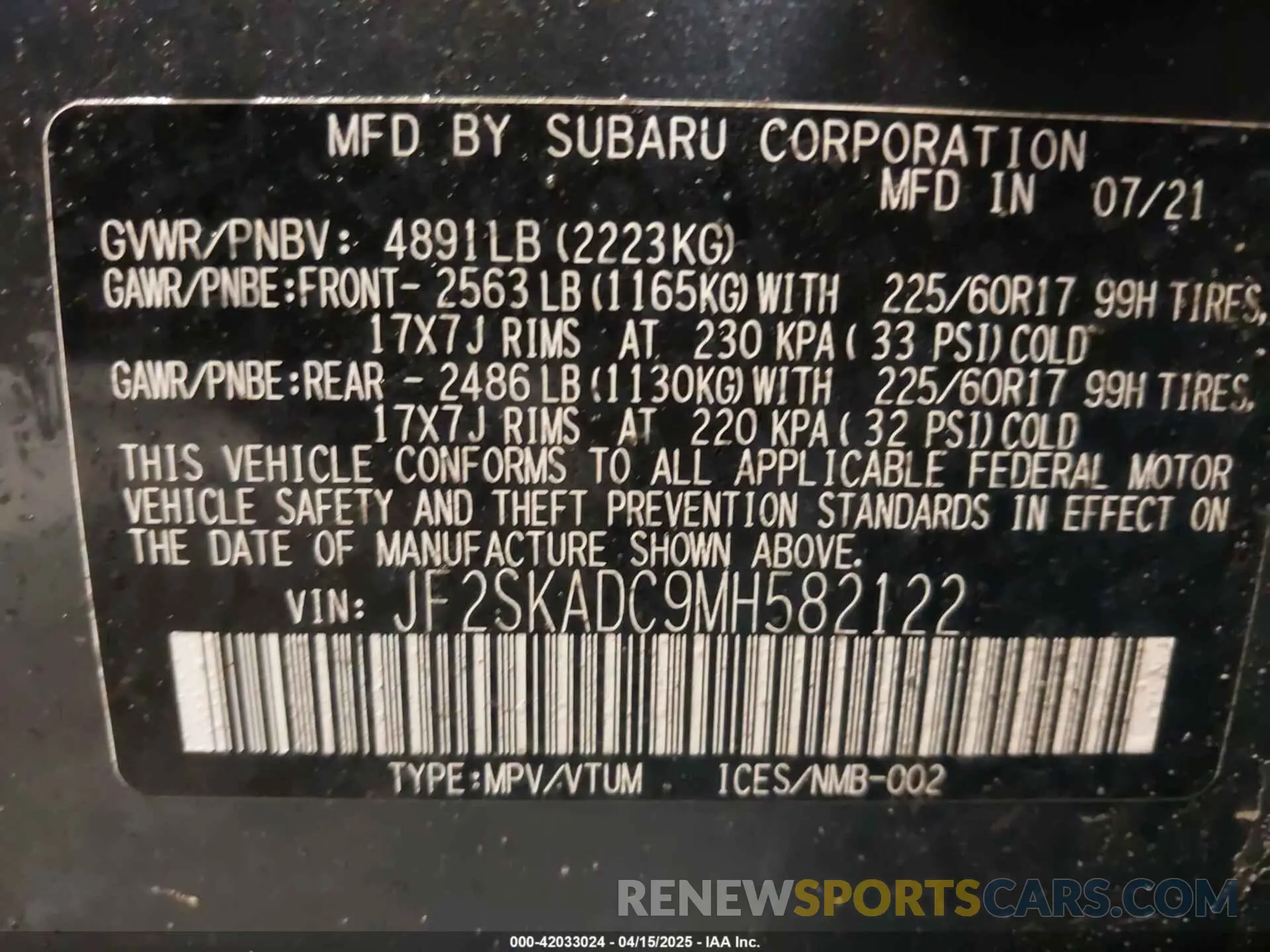 9 Photograph of a damaged car JF2SKADC9MH582122 SUBARU FORESTER 2021