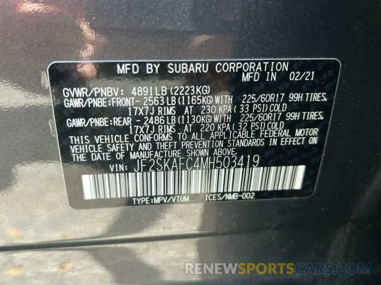 10 Photograph of a damaged car JF2SKAFC4MH503419 SUBARU FORESTER 2021