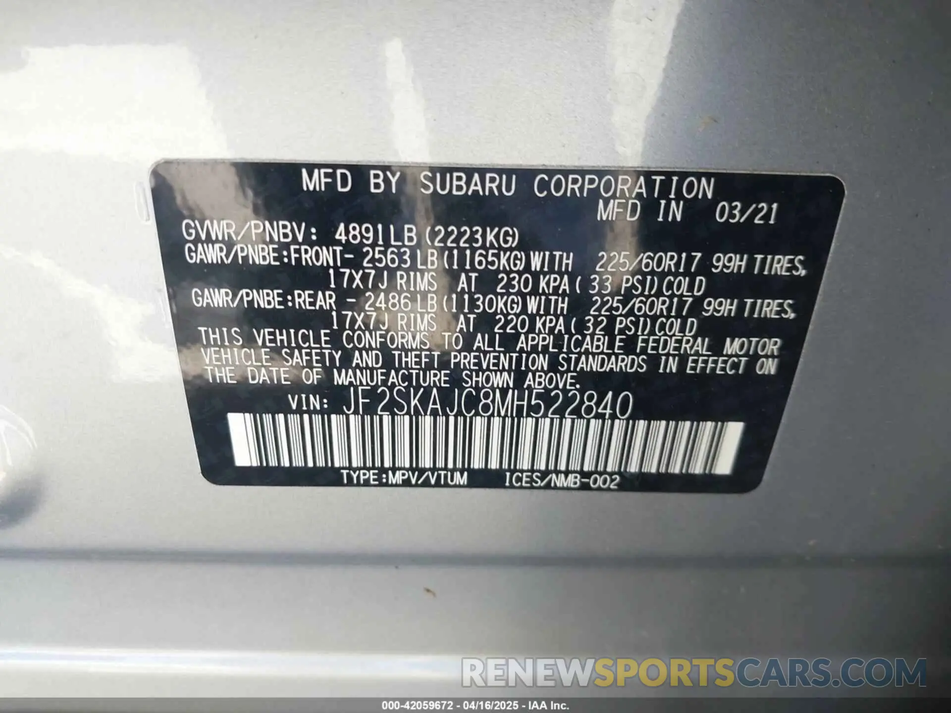 9 Photograph of a damaged car JF2SKAJC8MH522840 SUBARU FORESTER 2021