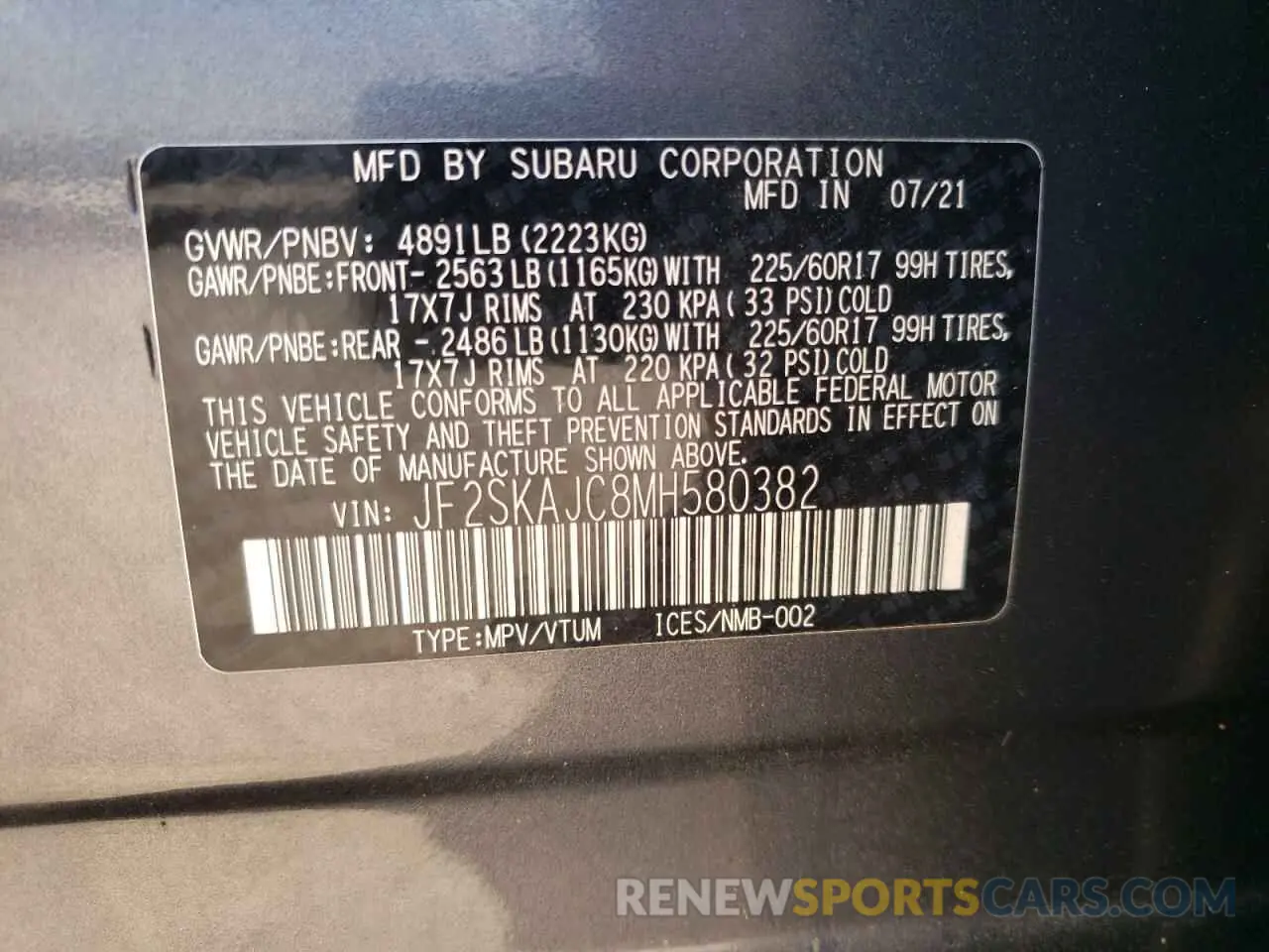 12 Photograph of a damaged car JF2SKAJC8MH580382 SUBARU FORESTER 2021