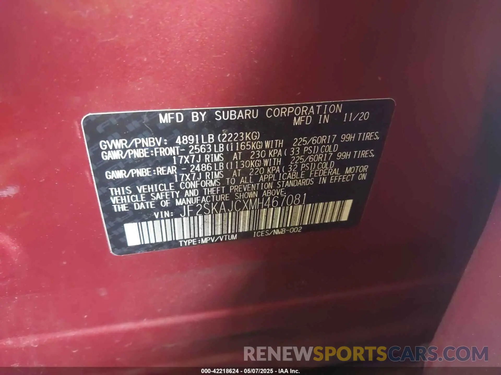 9 Photograph of a damaged car JF2SKAJCXMH467081 SUBARU FORESTER 2021