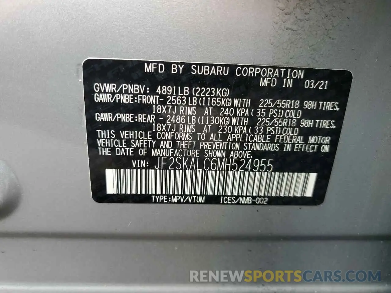 15 Photograph of a damaged car JF2SKALC6MH524955 SUBARU FORESTER 2021