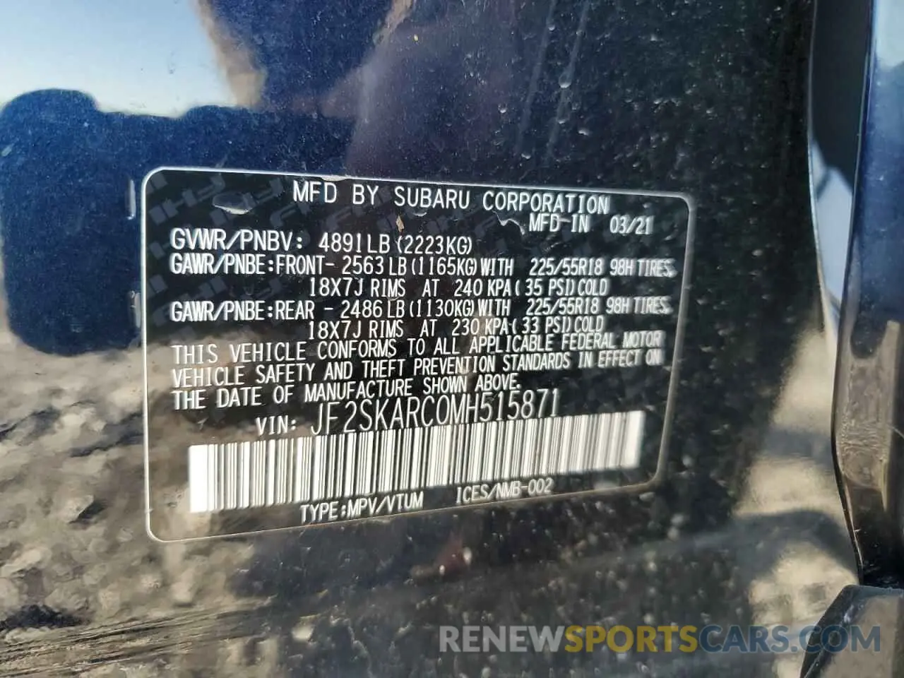 12 Photograph of a damaged car JF2SKARC0MH515871 SUBARU FORESTER 2021