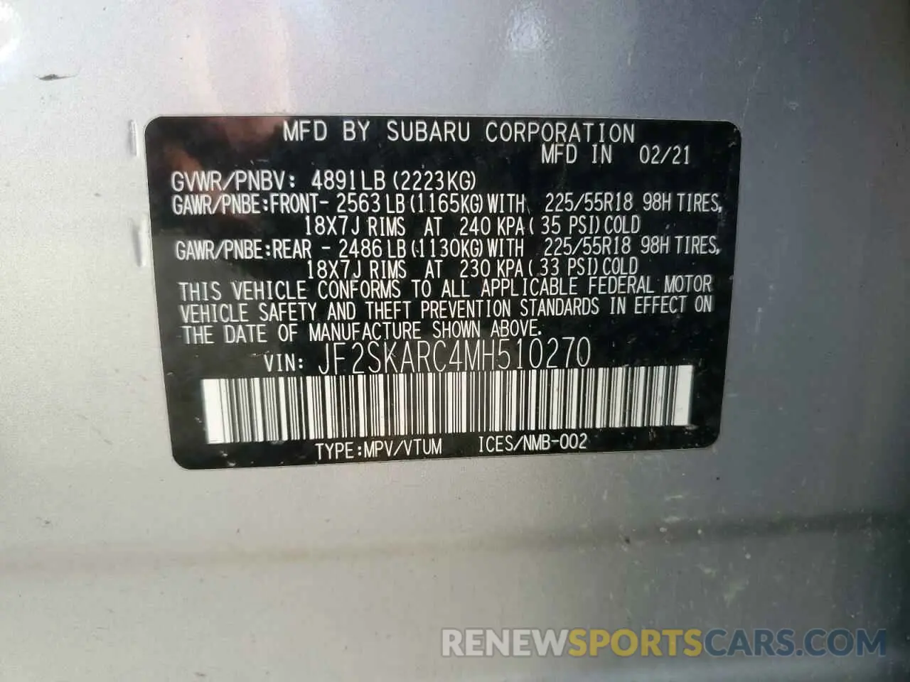 13 Photograph of a damaged car JF2SKARC4MH510270 SUBARU FORESTER 2021