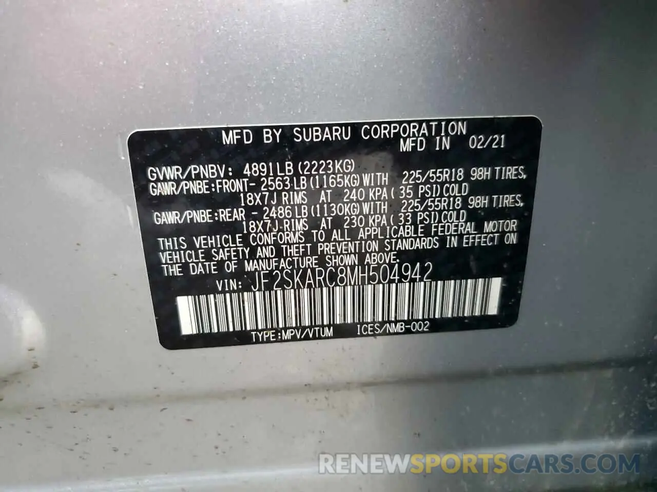 14 Photograph of a damaged car JF2SKARC8MH504942 SUBARU FORESTER 2021