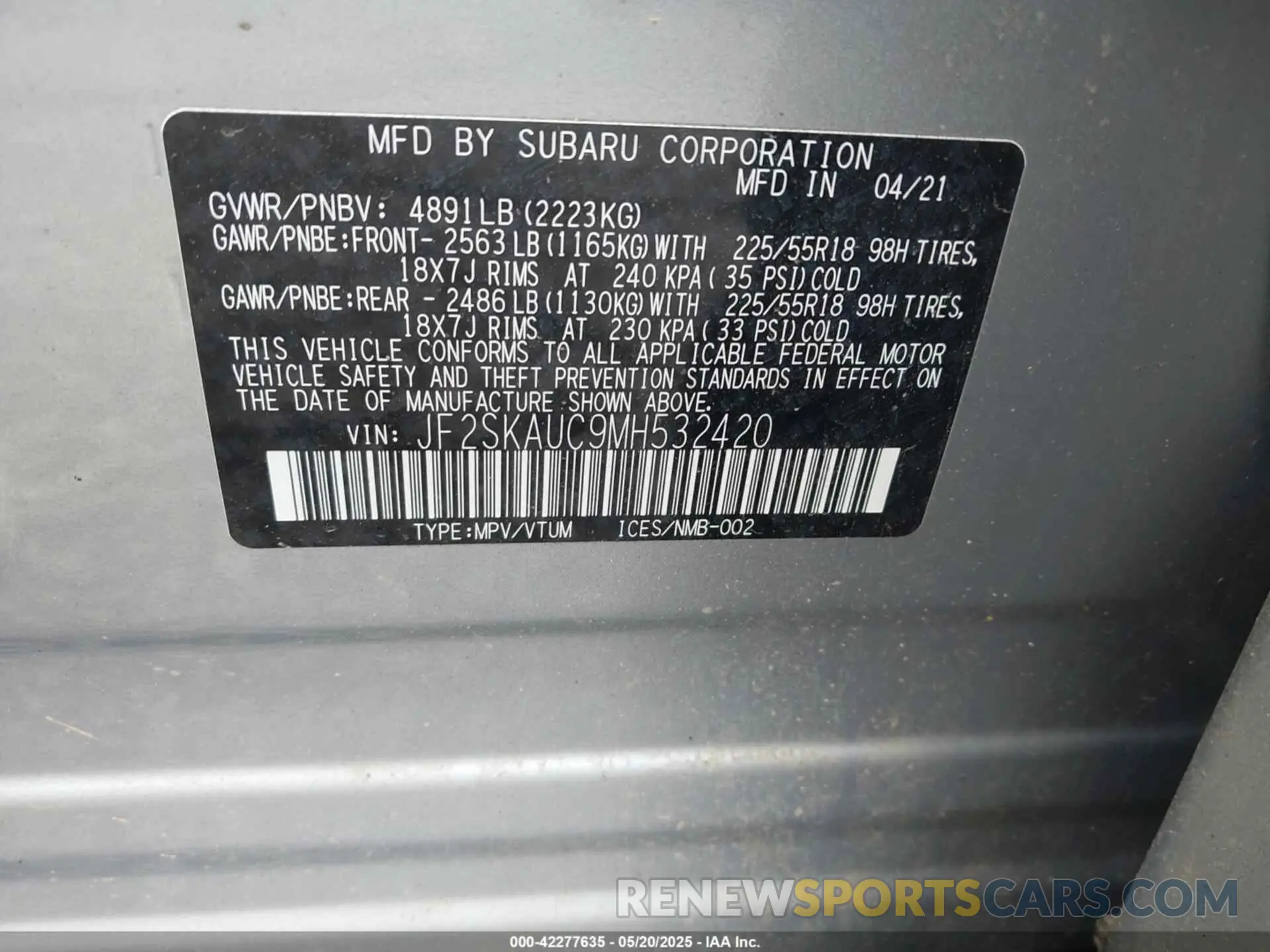 9 Photograph of a damaged car JF2SKAUC9MH532420 SUBARU FORESTER 2021
