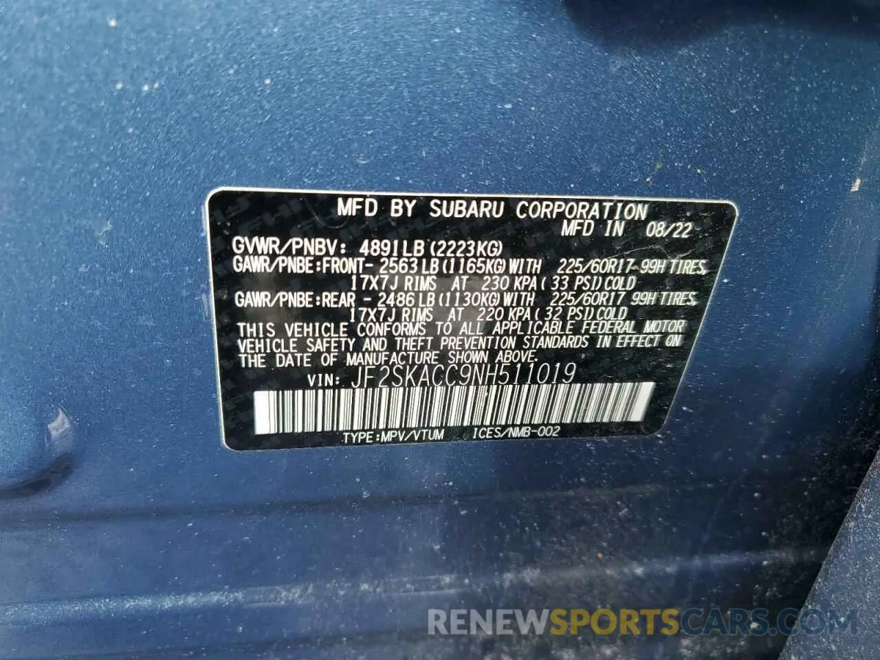 12 Photograph of a damaged car JF2SKACC9NH511019 SUBARU FORESTER 2022