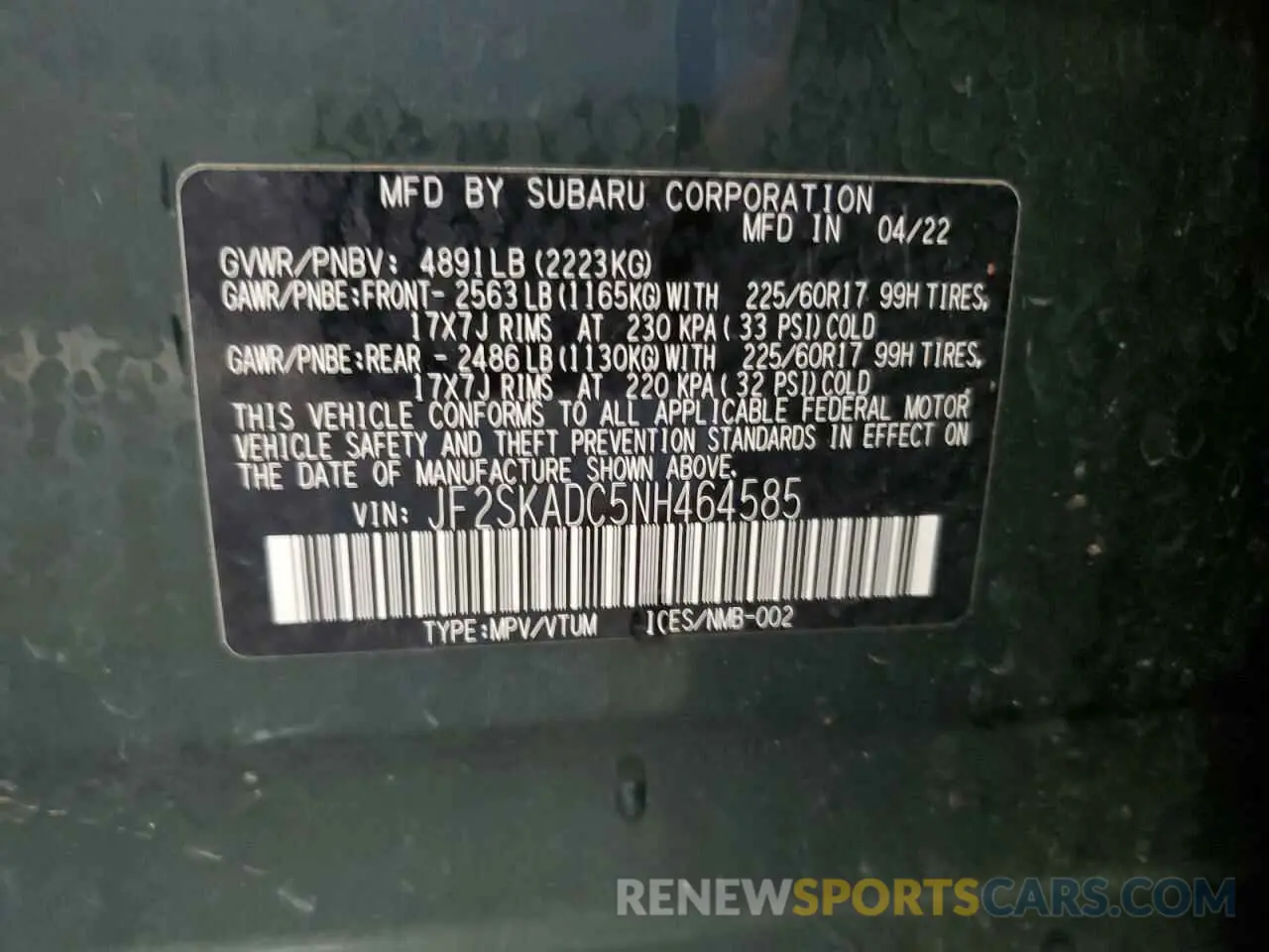 15 Photograph of a damaged car JF2SKADC5NH464585 SUBARU FORESTER 2022