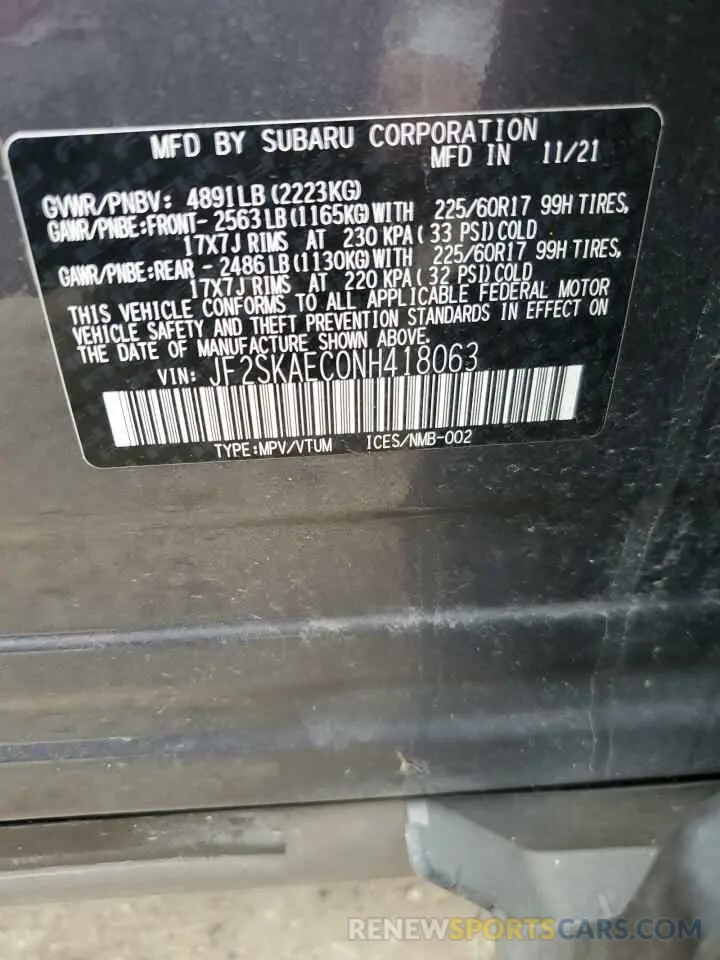 13 Photograph of a damaged car JF2SKAEC0NH418063 SUBARU FORESTER 2022