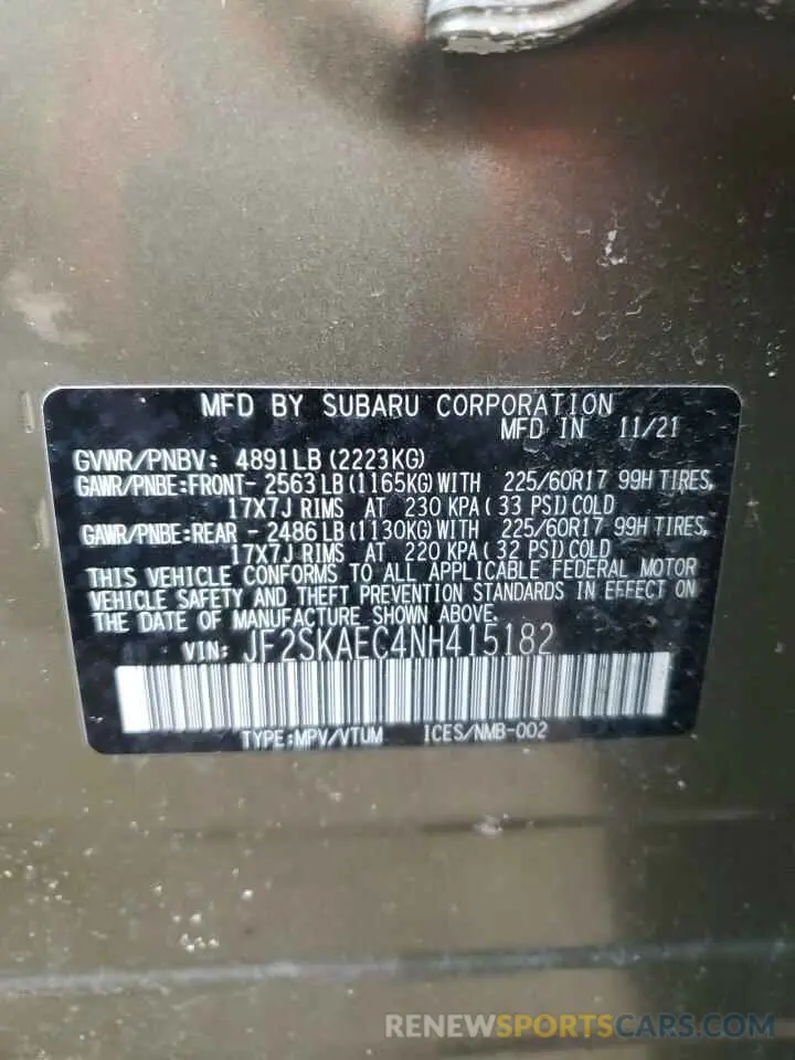 14 Photograph of a damaged car JF2SKAEC4NH415182 SUBARU FORESTER 2022