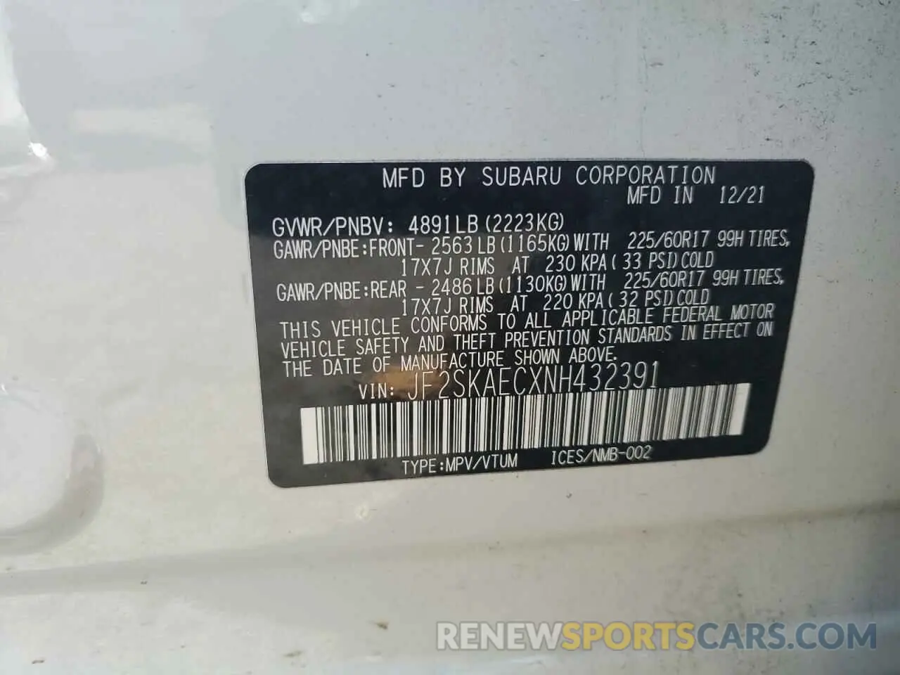 12 Photograph of a damaged car JF2SKAECXNH432391 SUBARU FORESTER 2022