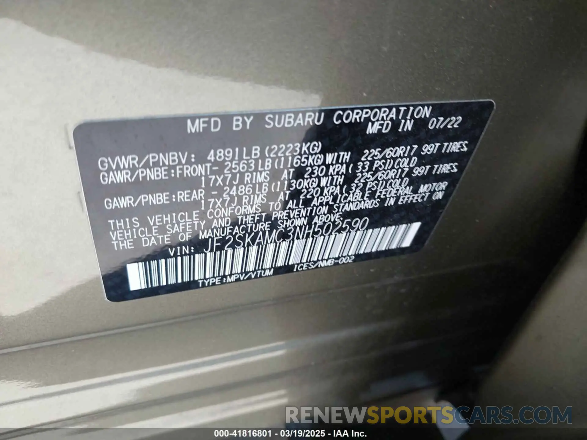 9 Photograph of a damaged car JF2SKAMC3NH502590 SUBARU FORESTER 2022