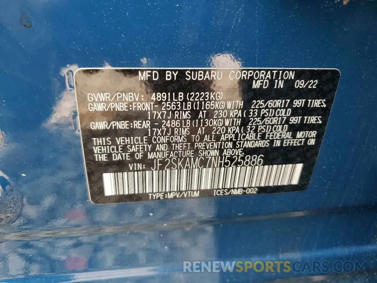 14 Photograph of a damaged car JF2SKAMC7NH525886 SUBARU FORESTER 2022