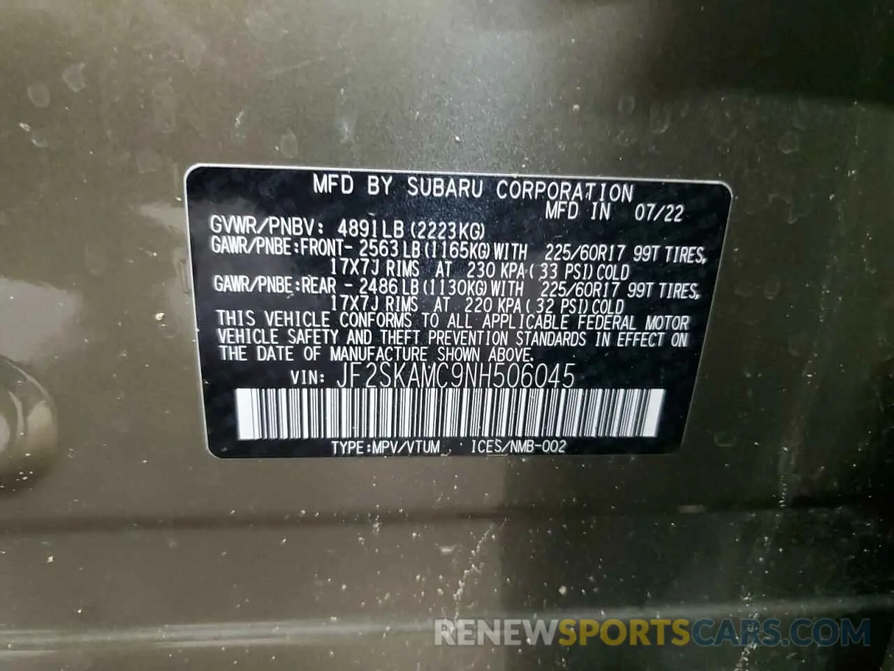 15 Photograph of a damaged car JF2SKAMC9NH506045 SUBARU FORESTER 2022